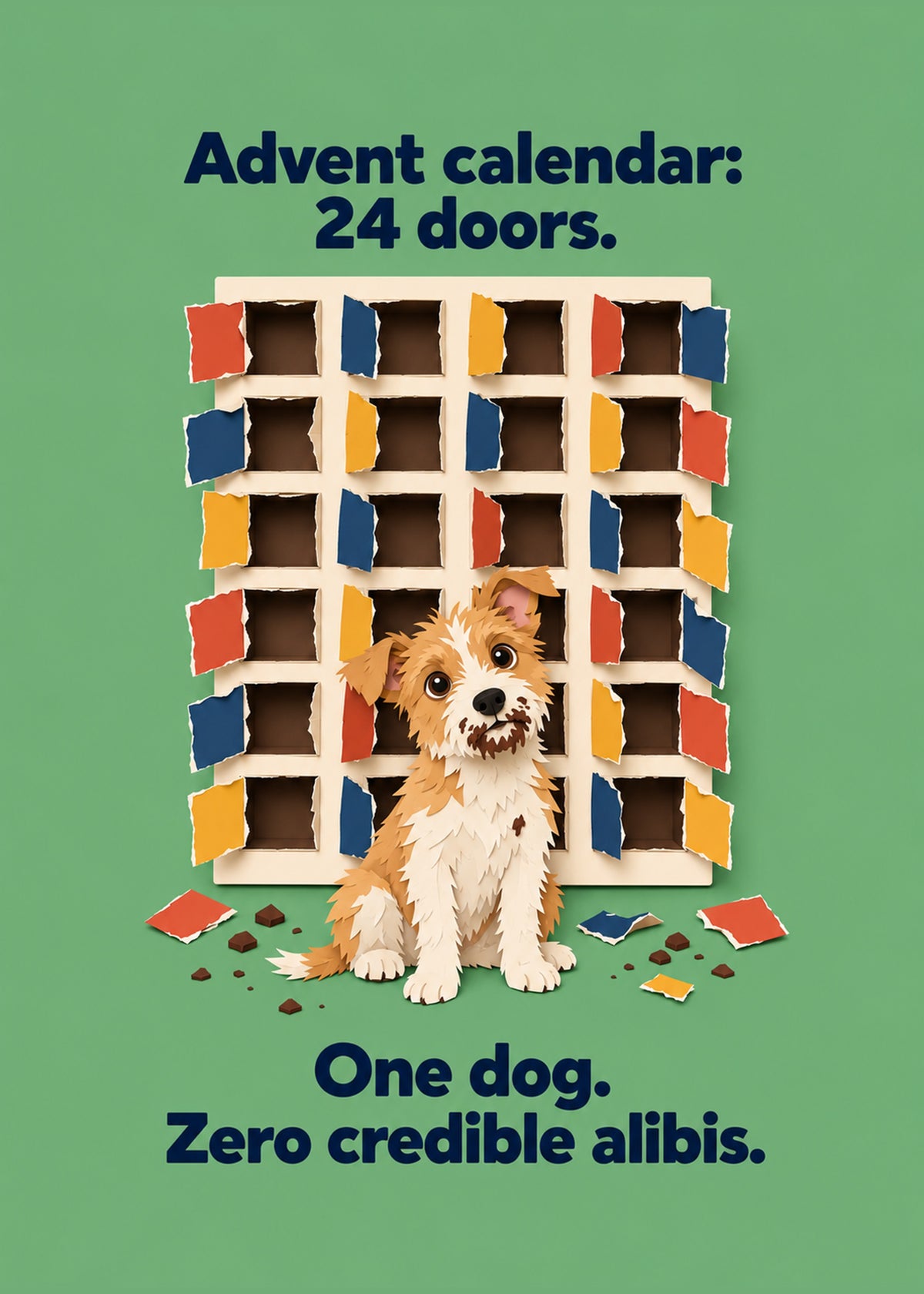 Funny Christmas card showing a guilty terrier sitting in front of a raided advent calendar with chocolate crumbs, by Gigglz