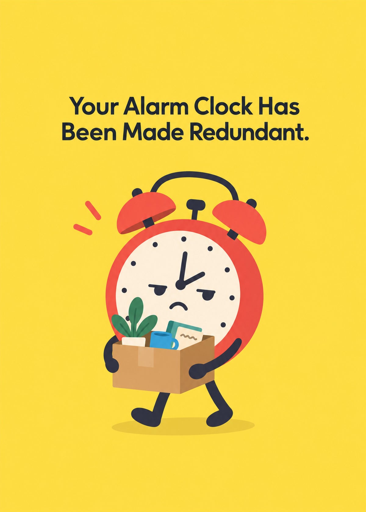 Funny leaving card showing a grumpy red alarm clock carrying a box of desk belongings out of the office, by Gigglz