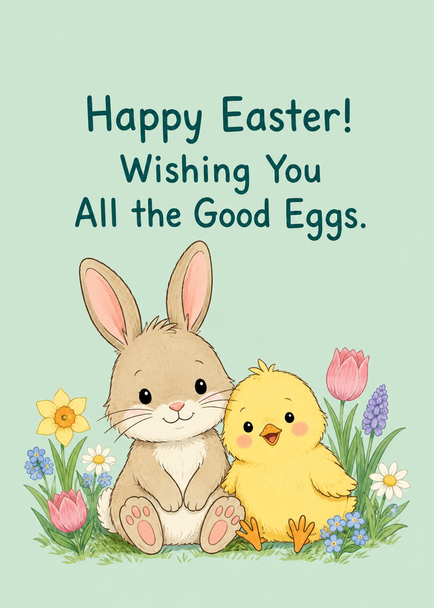 Cute Easter card showing a cute bunny and chick among spring flowers, with All the Good Eggs text, by Gigglz