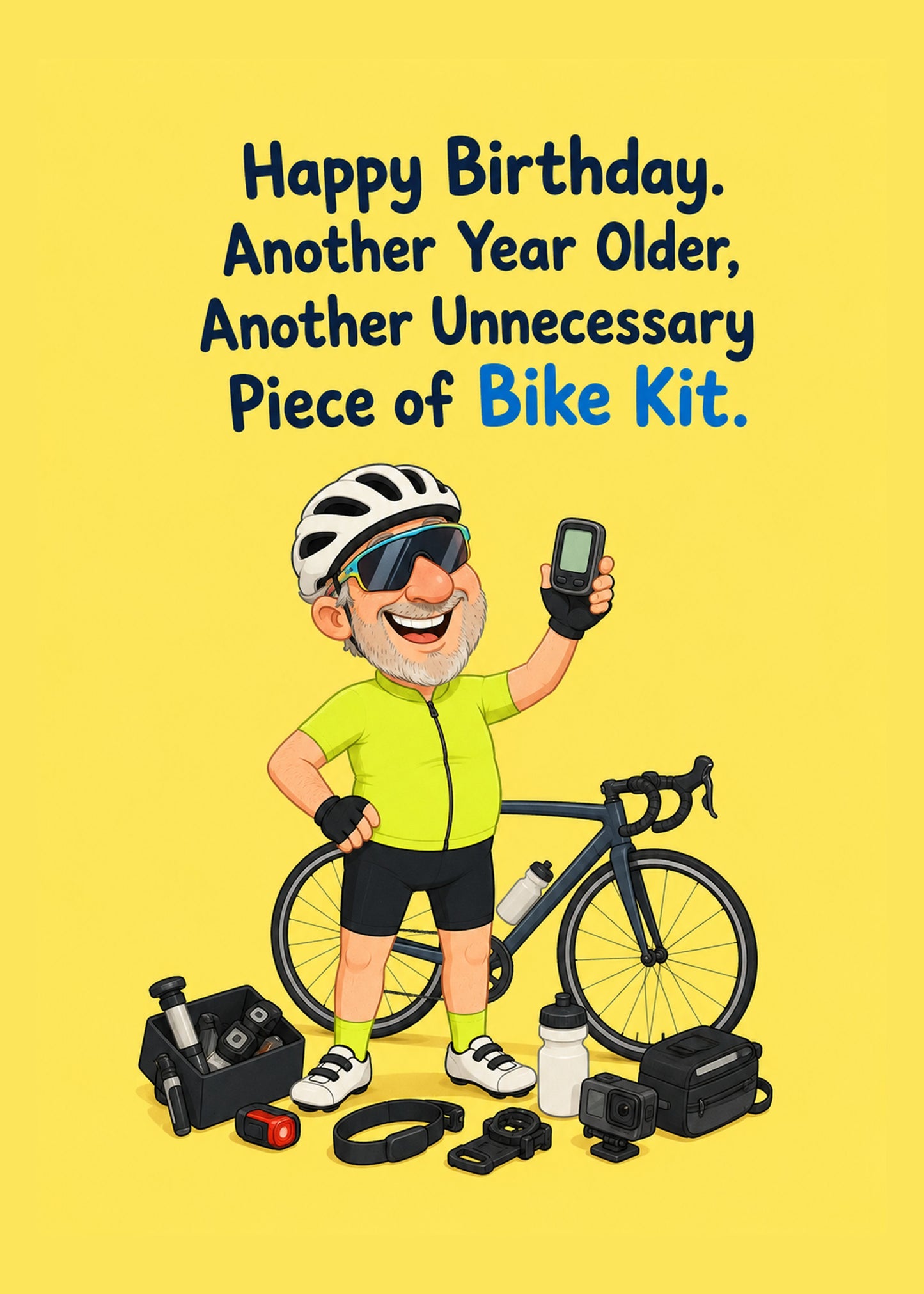 Funny birthday card showing a grinning cyclist beside a road bike surrounded by gadgets, by Gigglz