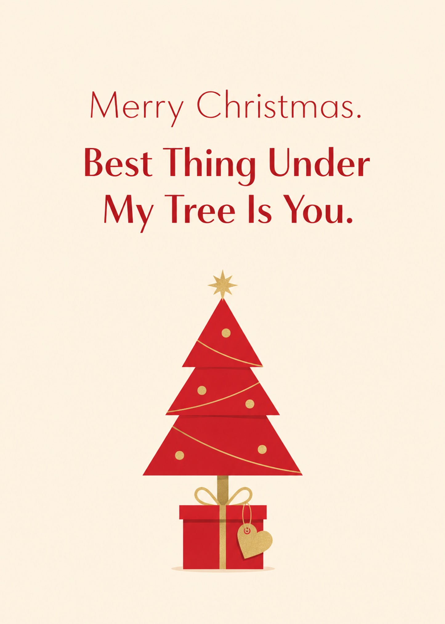 Heartwarming Christmas card showing a stylised red Christmas tree with a gold star and a wrapped gift, by Gigglz