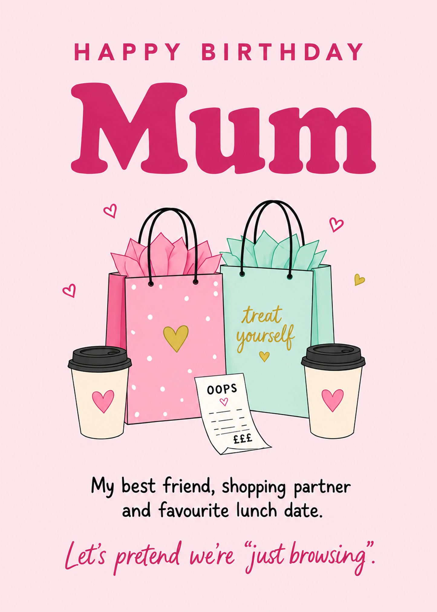 Funny birthday card for Mum with shopping bags and coffee by Gigglz