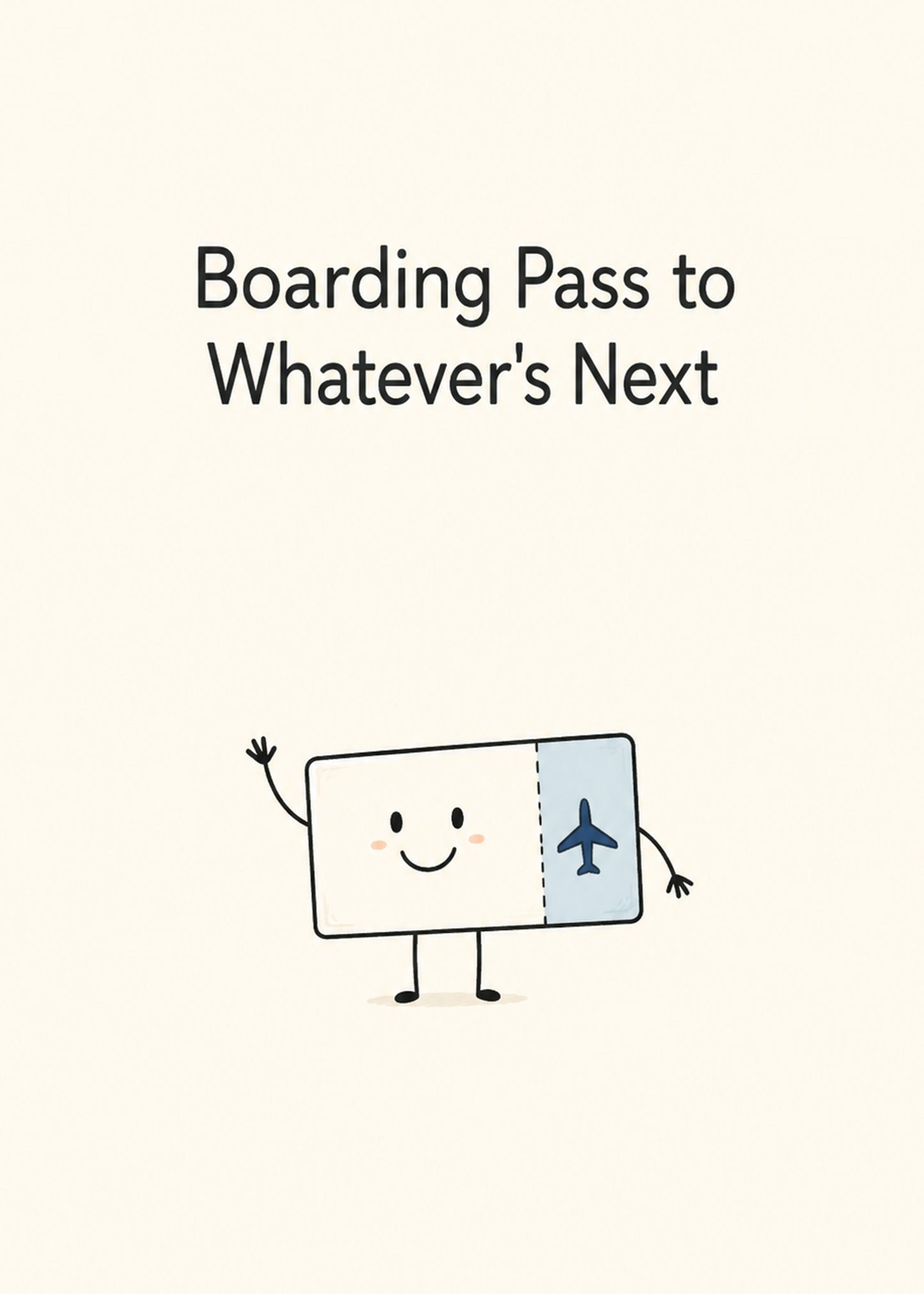 Cute congratulations card showing a smiling boarding-pass character waving, by Gigglz