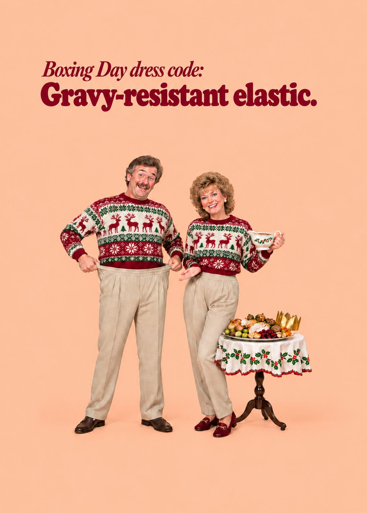 Funny Christmas card showing a retro catalogue-style couple in matching Christmas jumpers proudly showing off, by Gigglz
