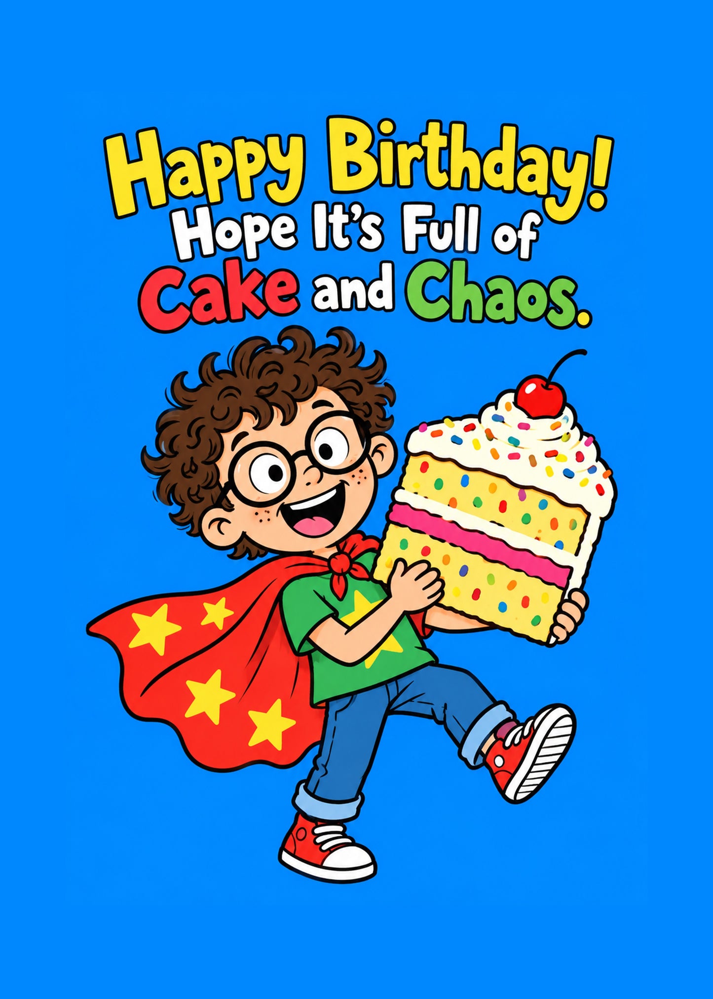 Funny birthday card showing a caped child gleefully holding a giant slice of cake, with Cake and Chaos text, by Gigglz