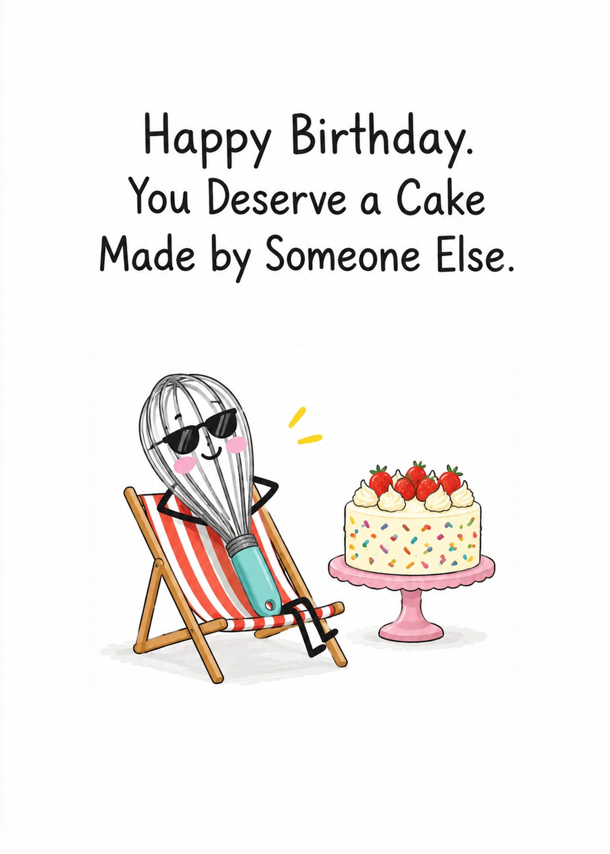 Funny birthday card showing a cartoon whisk in sunglasses lounging in a deckchair next to a strawberry sprinkle, by Gigglz