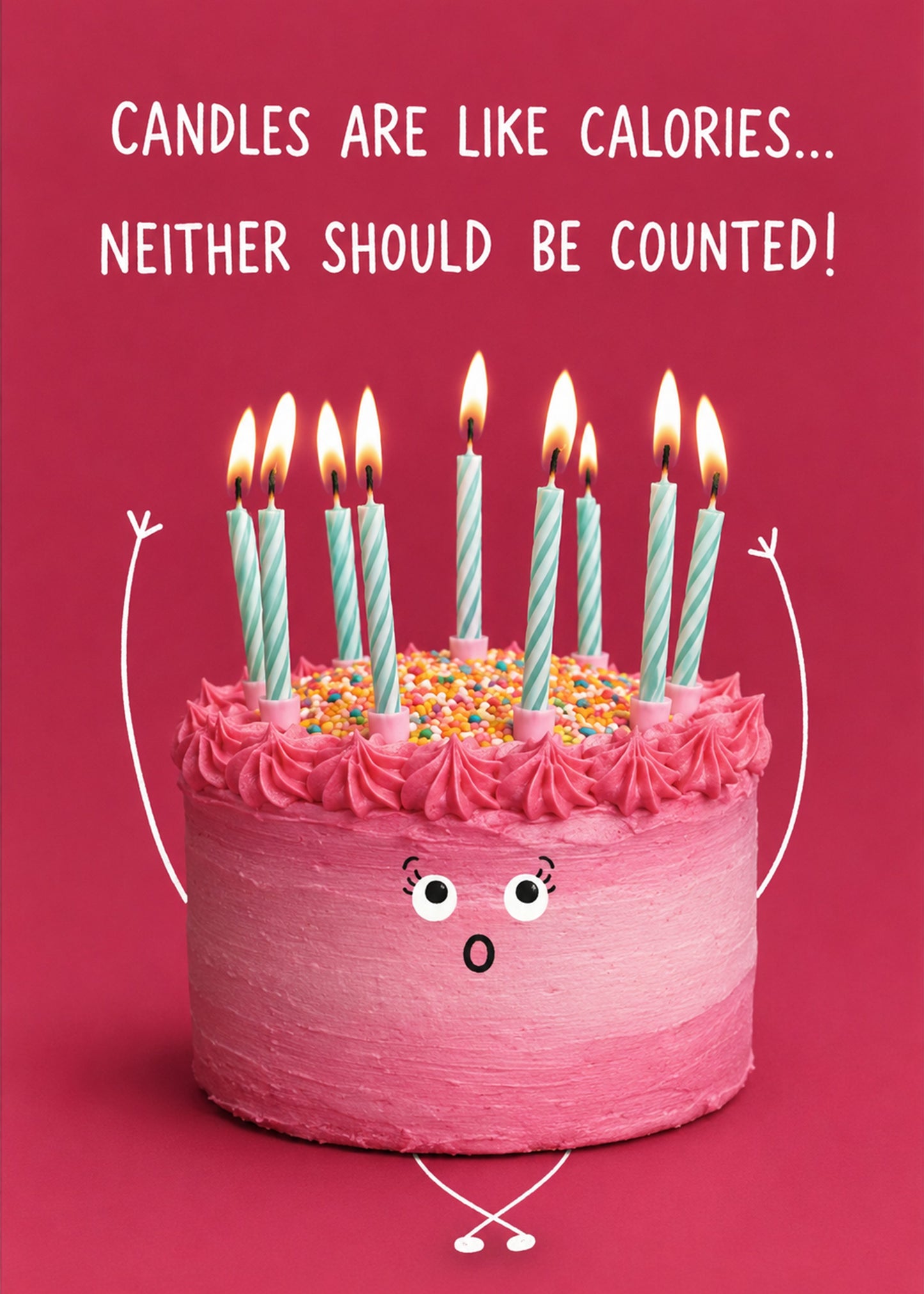Funny birthday card showing a photographic pink birthday cake with lit candles and doodled arms, by Gigglz