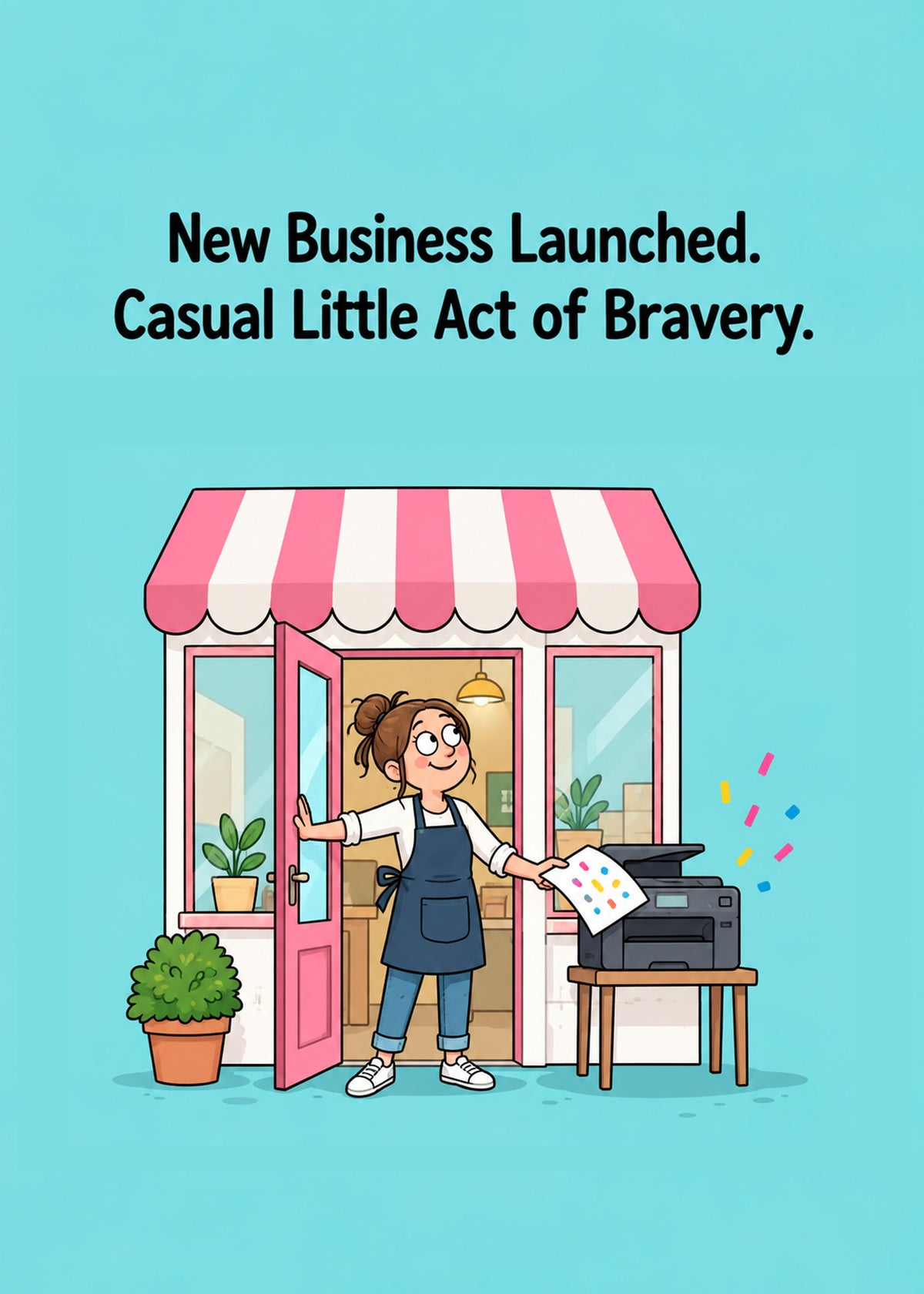 Funny congratulations card showing a proud new shop owner in an apron flinging open the door of her striped-awning, by Gigglz