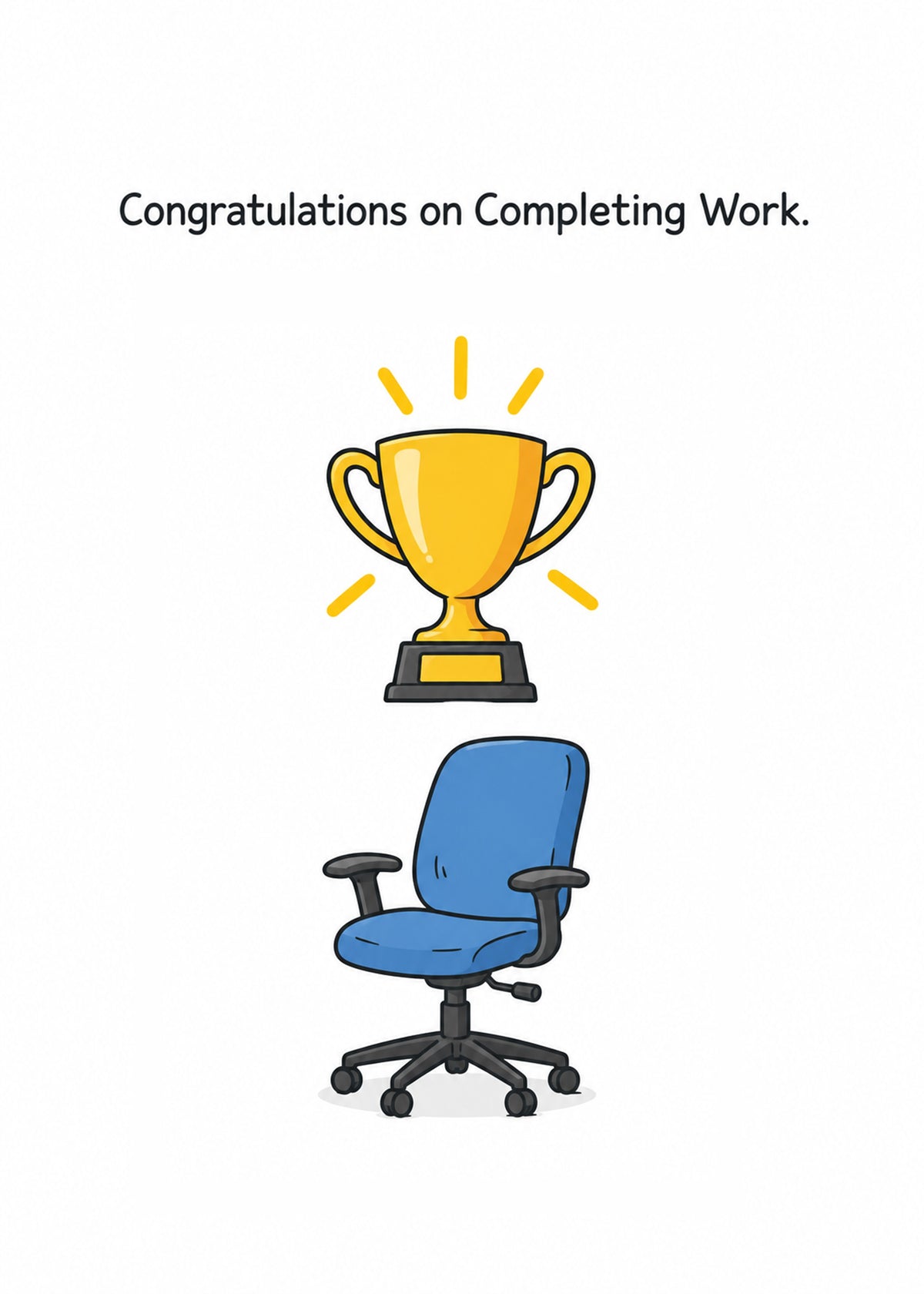 Funny retirement card showing a glowing gold trophy hovering above an empty blue office chair on a white ground, by Gigglz