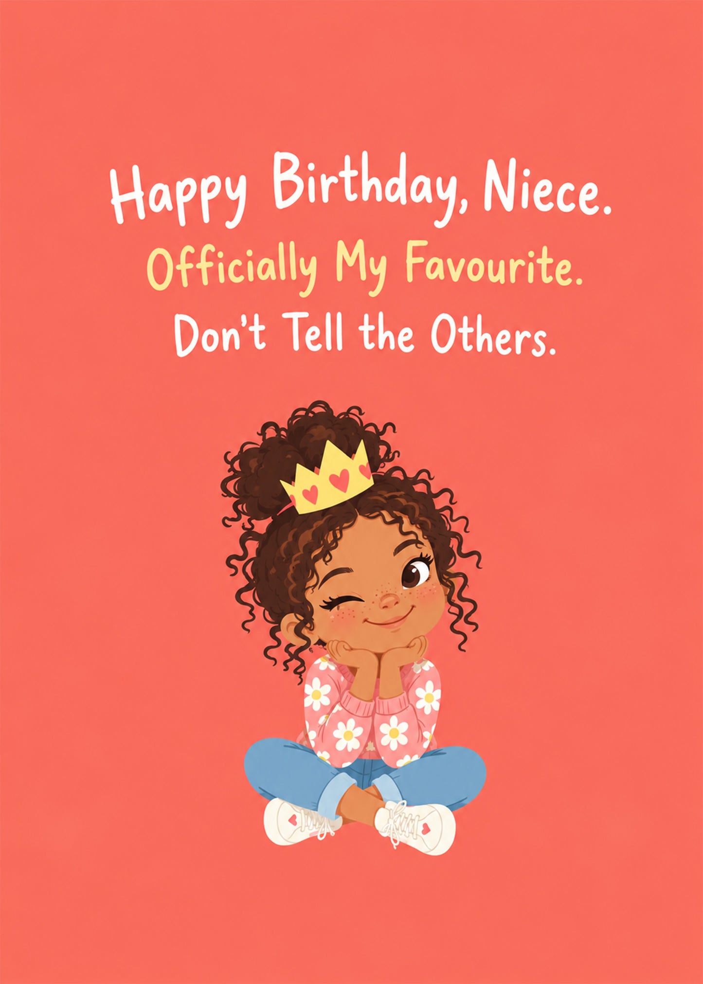 Funny birthday card showing a winking girl in a paper crown resting her chin on her hands, by Gigglz