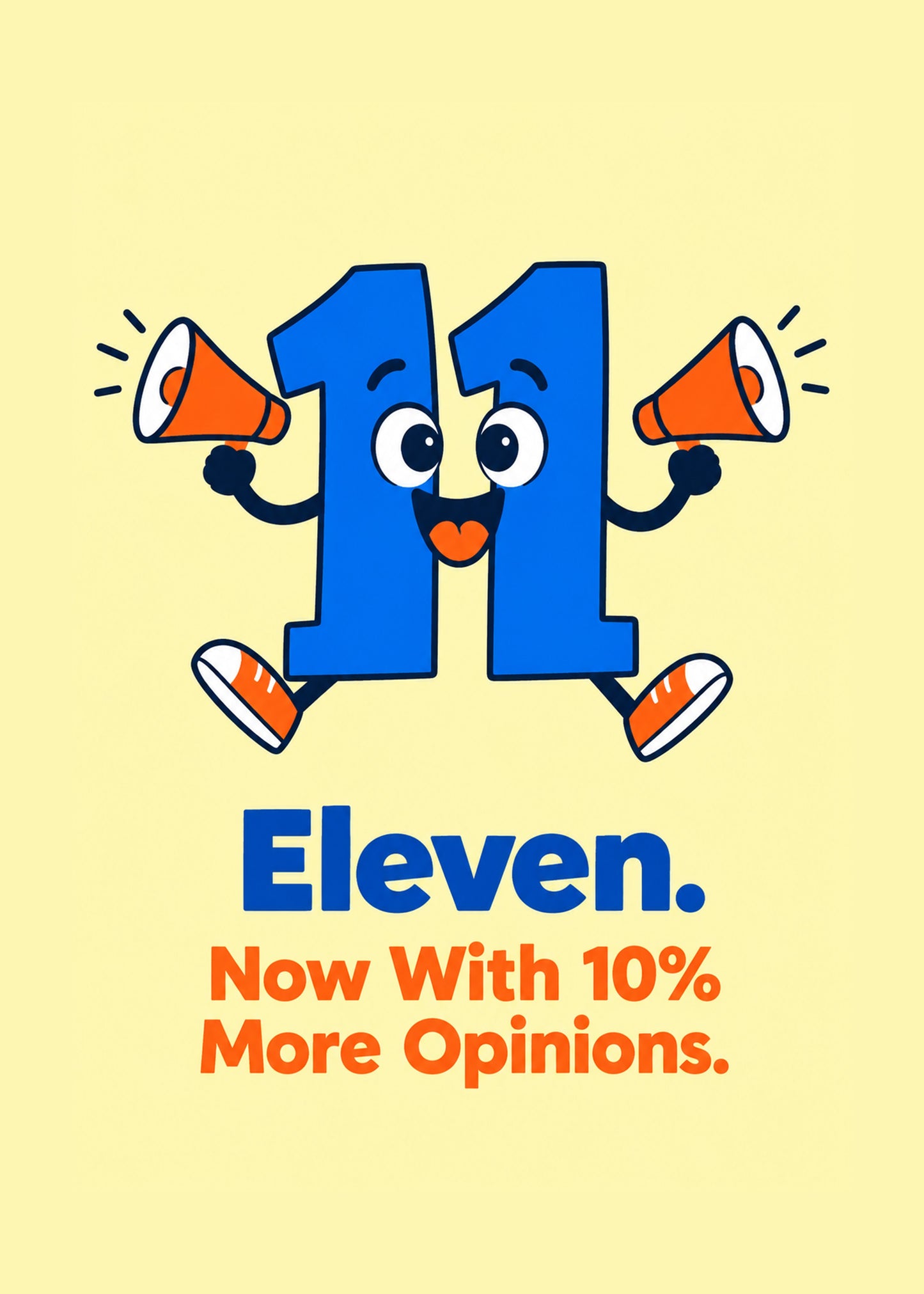Funny birthday card showing an 11 number character shouting through two megaphones, by Gigglz