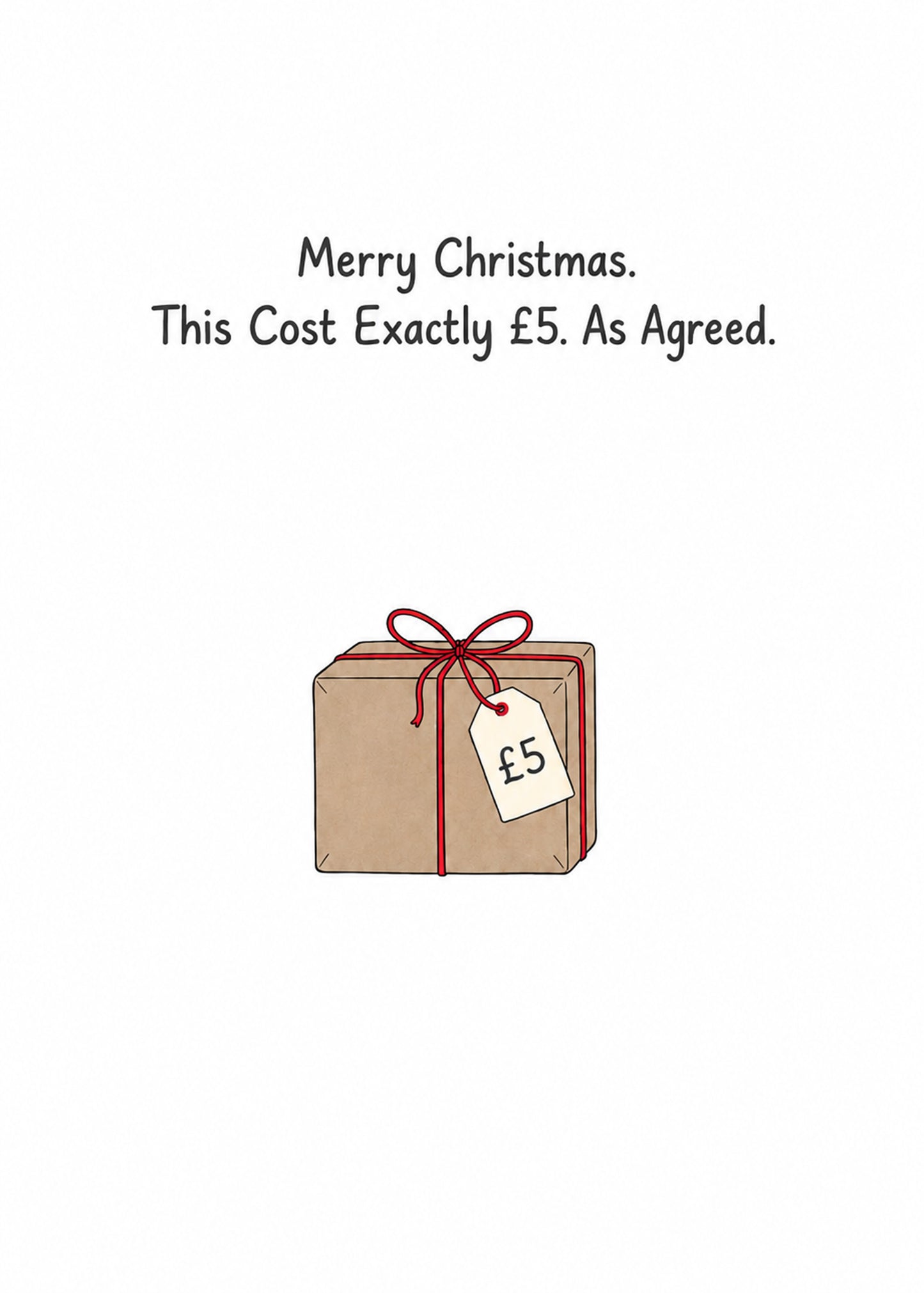 Funny Christmas card showing a brown paper parcel tied with red string and a £5 price tag, by Gigglz