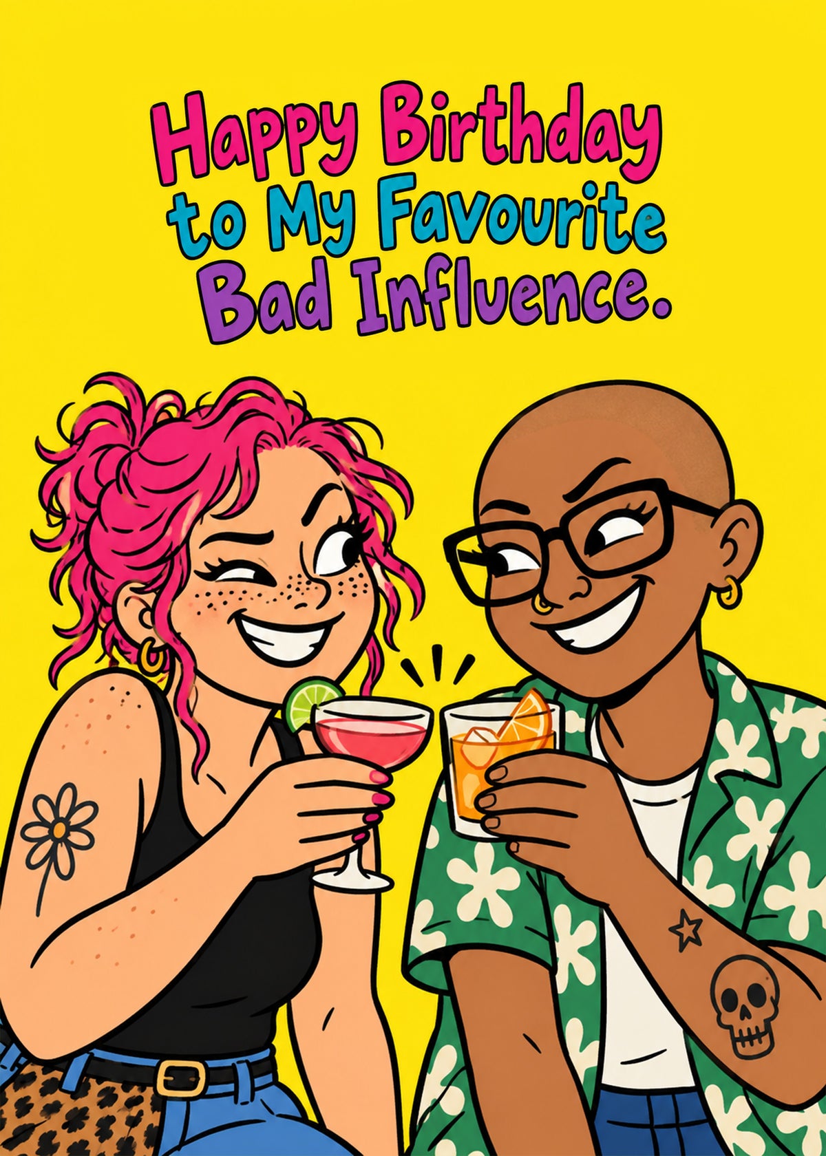 Funny birthday card showing two friends clinking cocktails, grinning, with Favourite Bad Influence text, by Gigglz