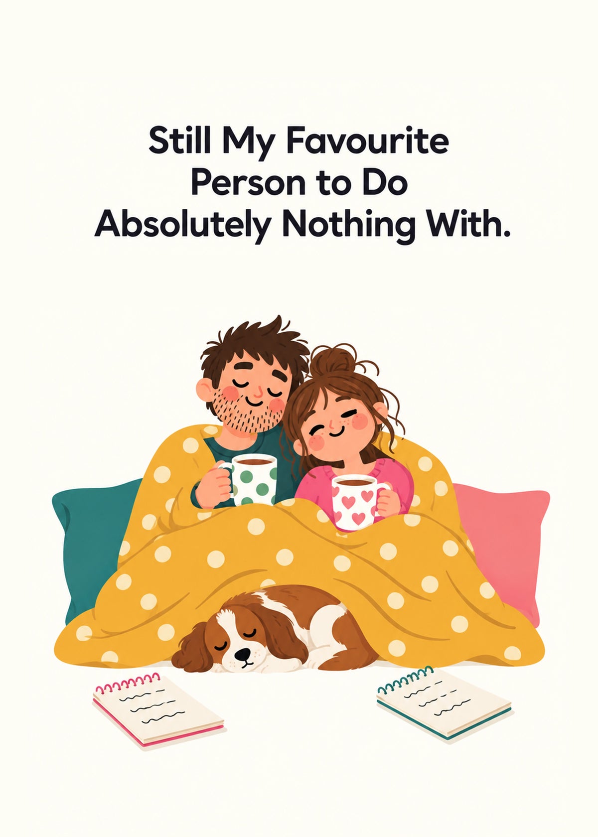 Cute anniversary card showing a cosy couple snuggled under a spotty yellow blanket with mugs of tea and a sleeping, by Gigglz