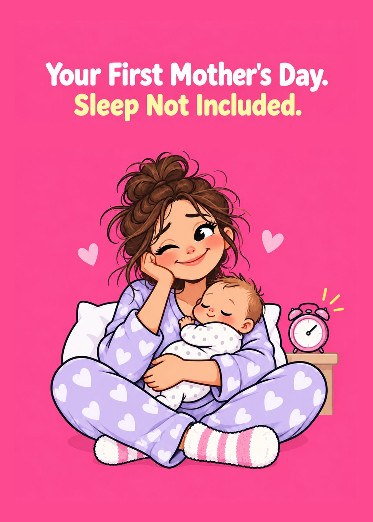 Funny Mother's Day card showing a tired but happy new mum in heart-print pyjamas cradling a sleeping baby beside, by Gigglz