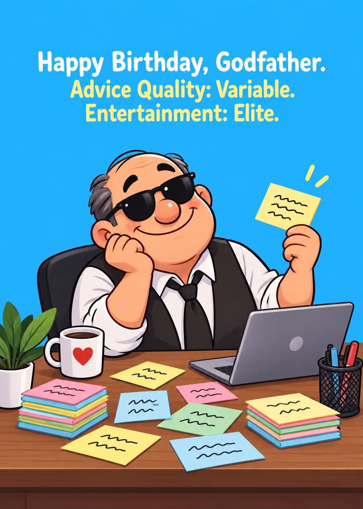 Funny birthday card showing a smug cartoon man in sunglasses and waistcoat leaning on a desk covered in sticky, by Gigglz