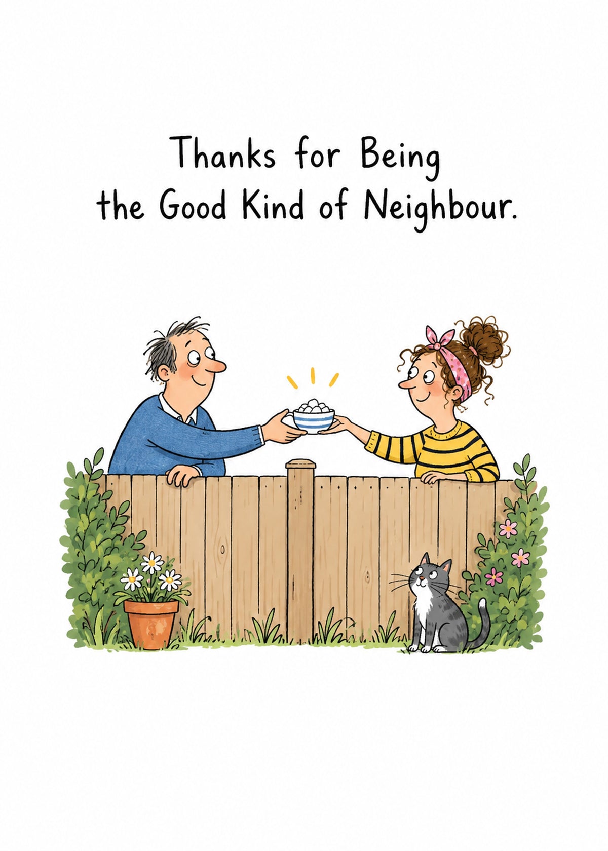 Cute thank you card showing two neighbours passing a bowl of sugar over a garden fence while a cat watches, by Gigglz