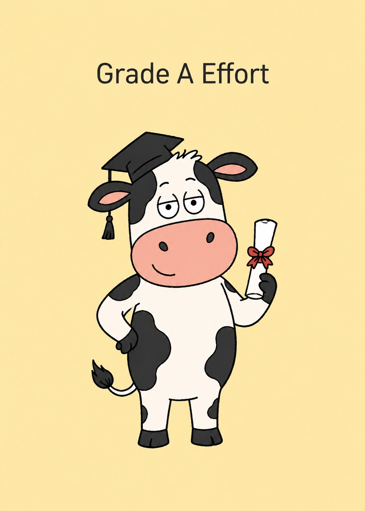 Funny congratulations card showing a cartoon cow in a graduation cap holding a diploma, with Grade A Effort text, by Gigglz