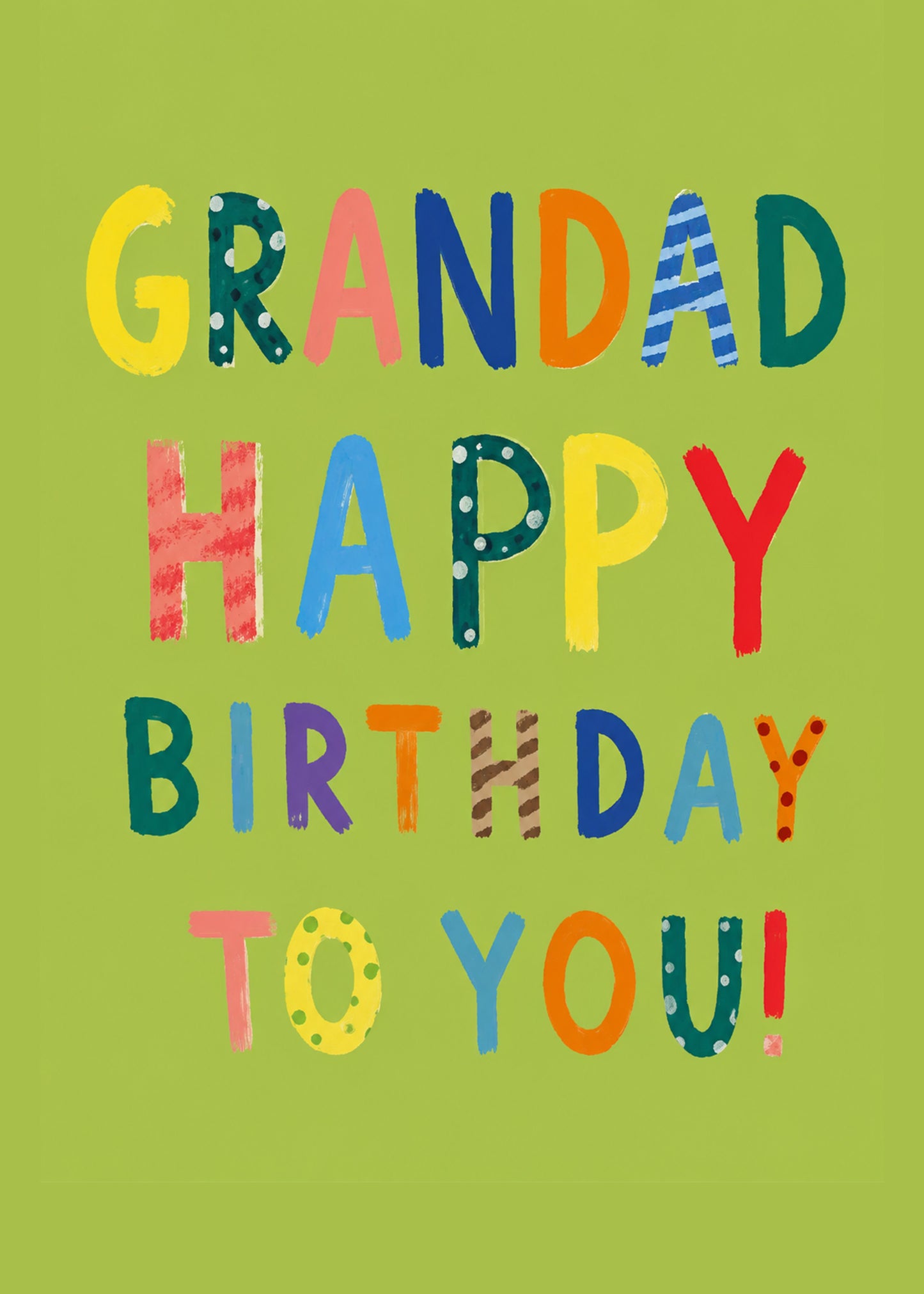 Bright birthday card showing multicoloured hand-painted lettering on a fresh green background, with Grandad text, by Gigglz