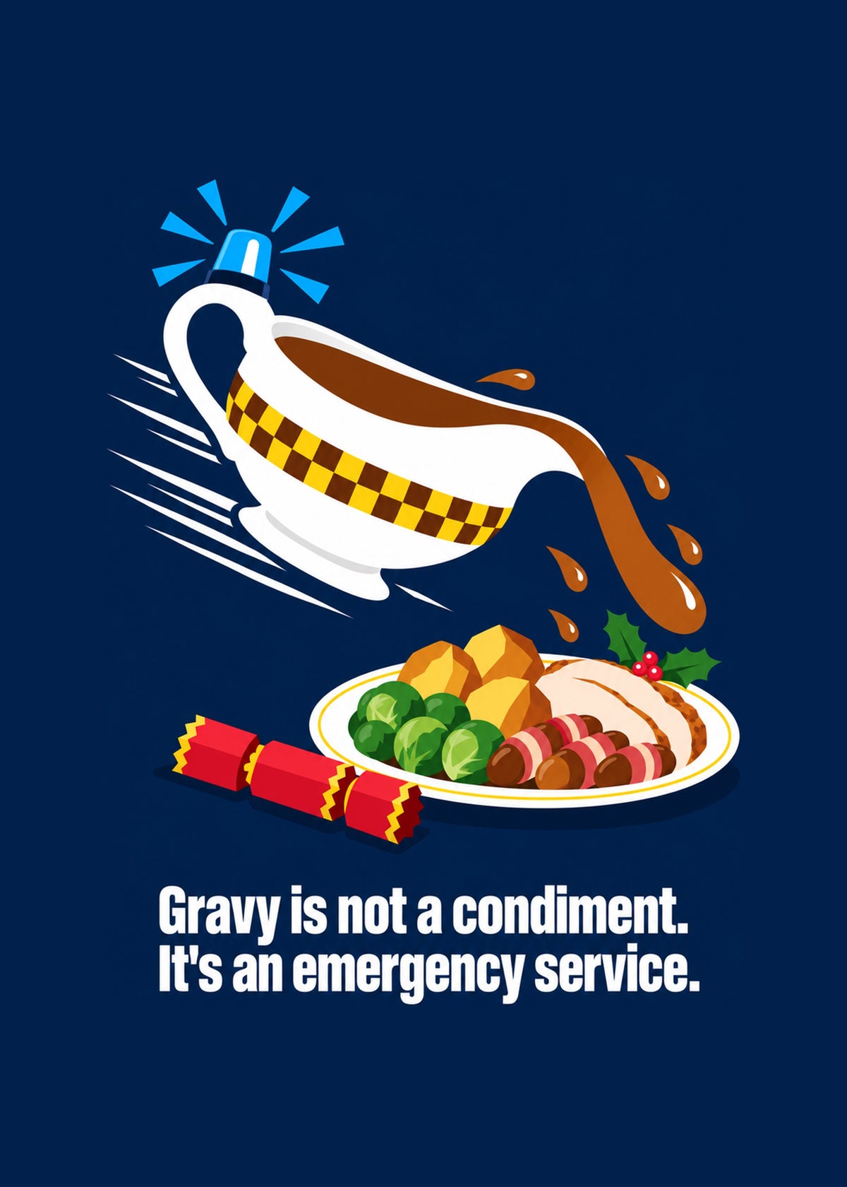 Funny Christmas card showing a gravy boat with a flashing blue light and police-style checkered stripe racing, by Gigglz