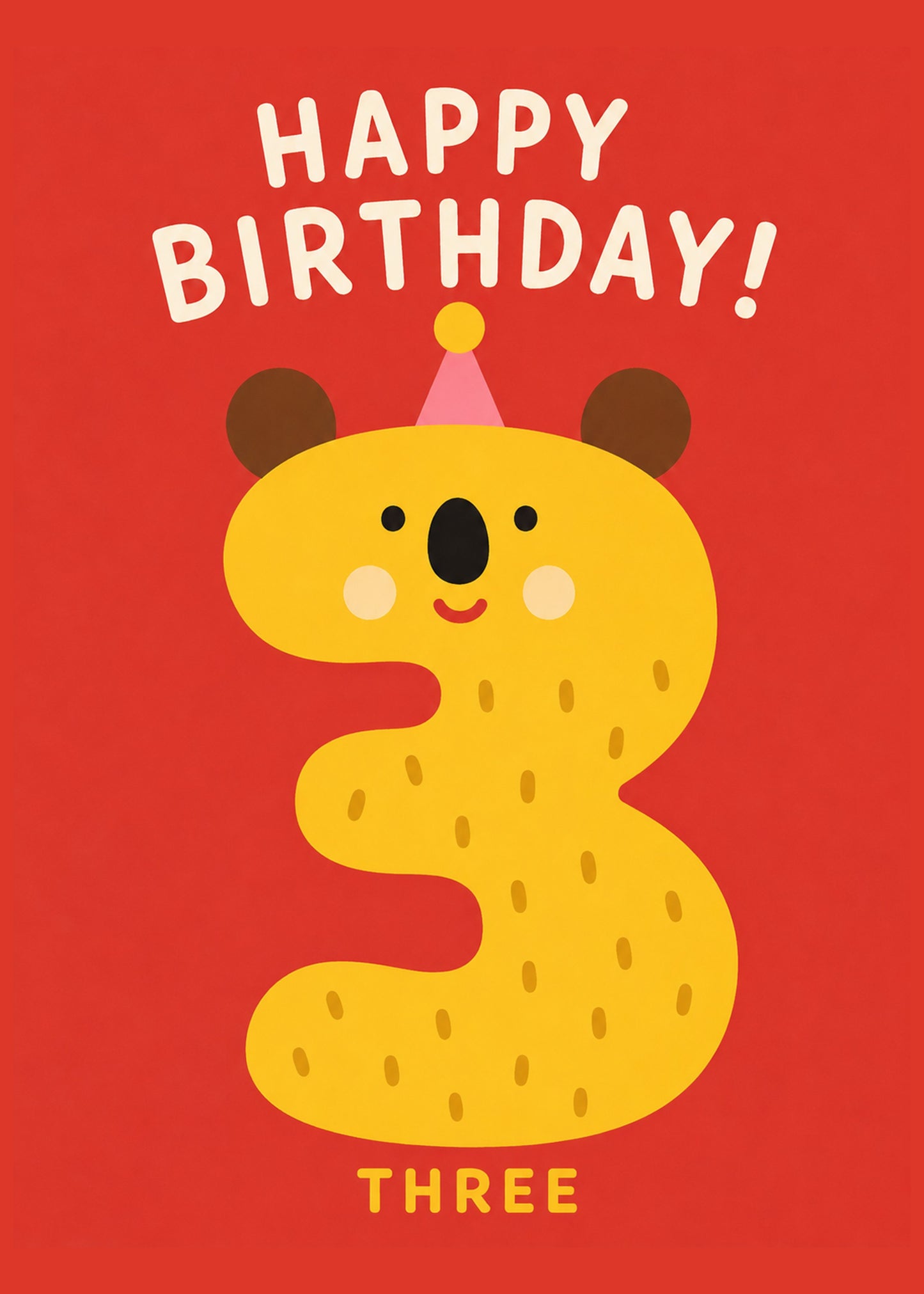 Cute birthday card showing a yellow number three styled as a smiling koala wearing a party hat, by Gigglz