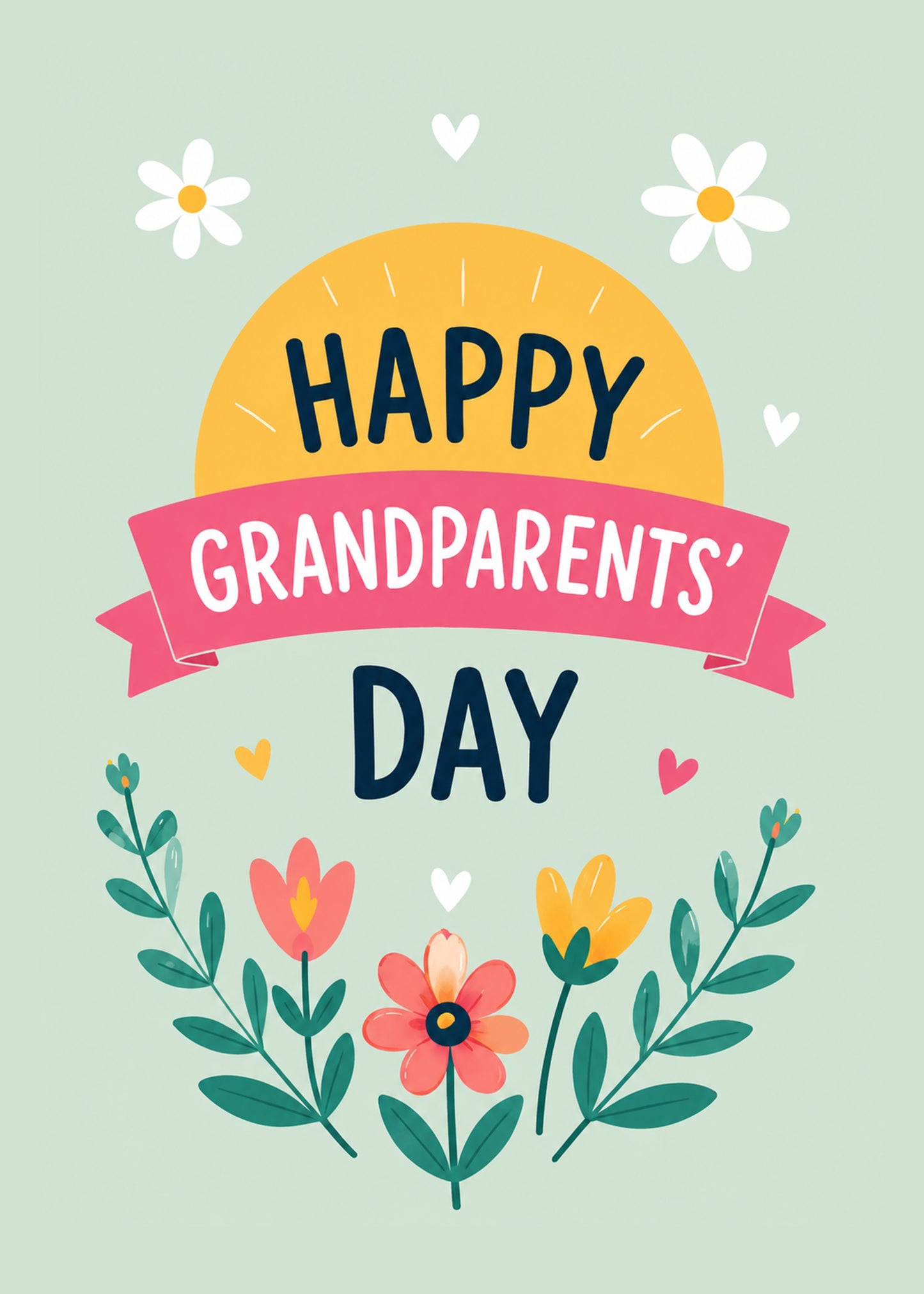 Cute Grandparents Day card showing a sunny banner reading Happy Grandparents' Day above spring flowers, by Gigglz
