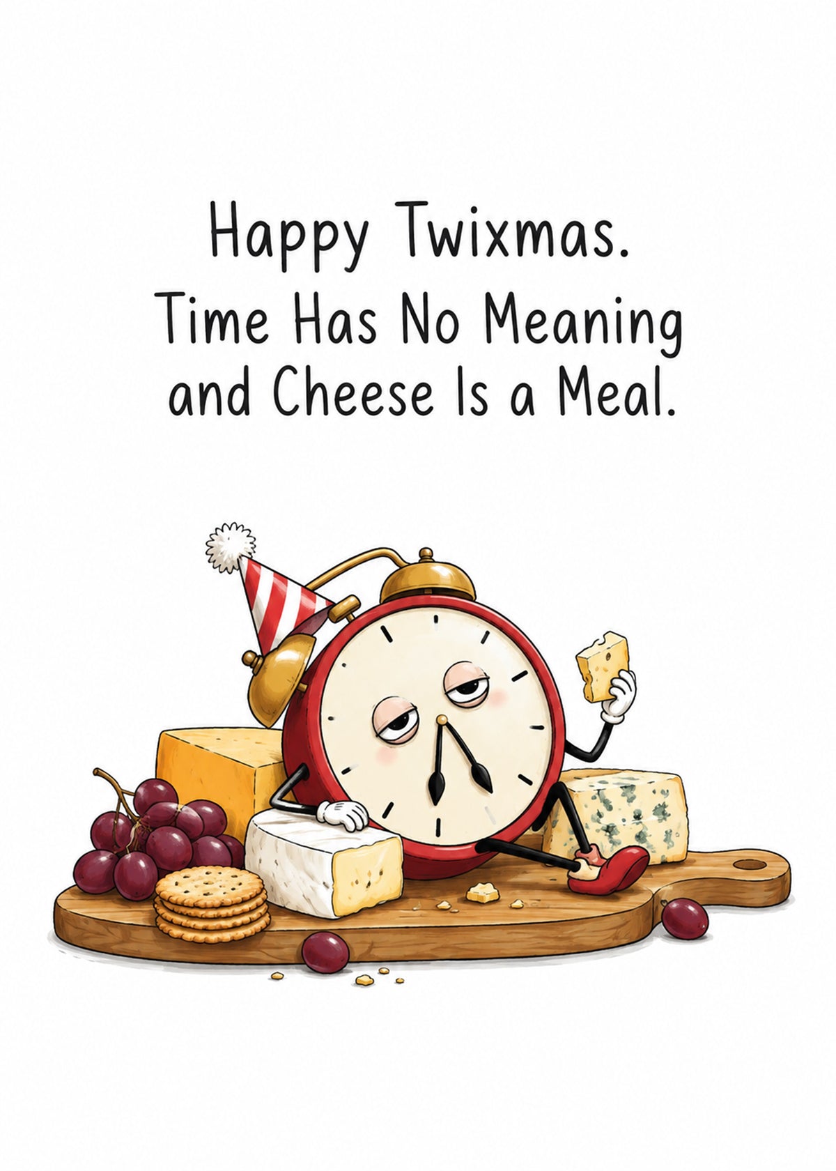 Funny Christmas card showing a sleepy clock character in a party hat on a cheeseboard, by Gigglz