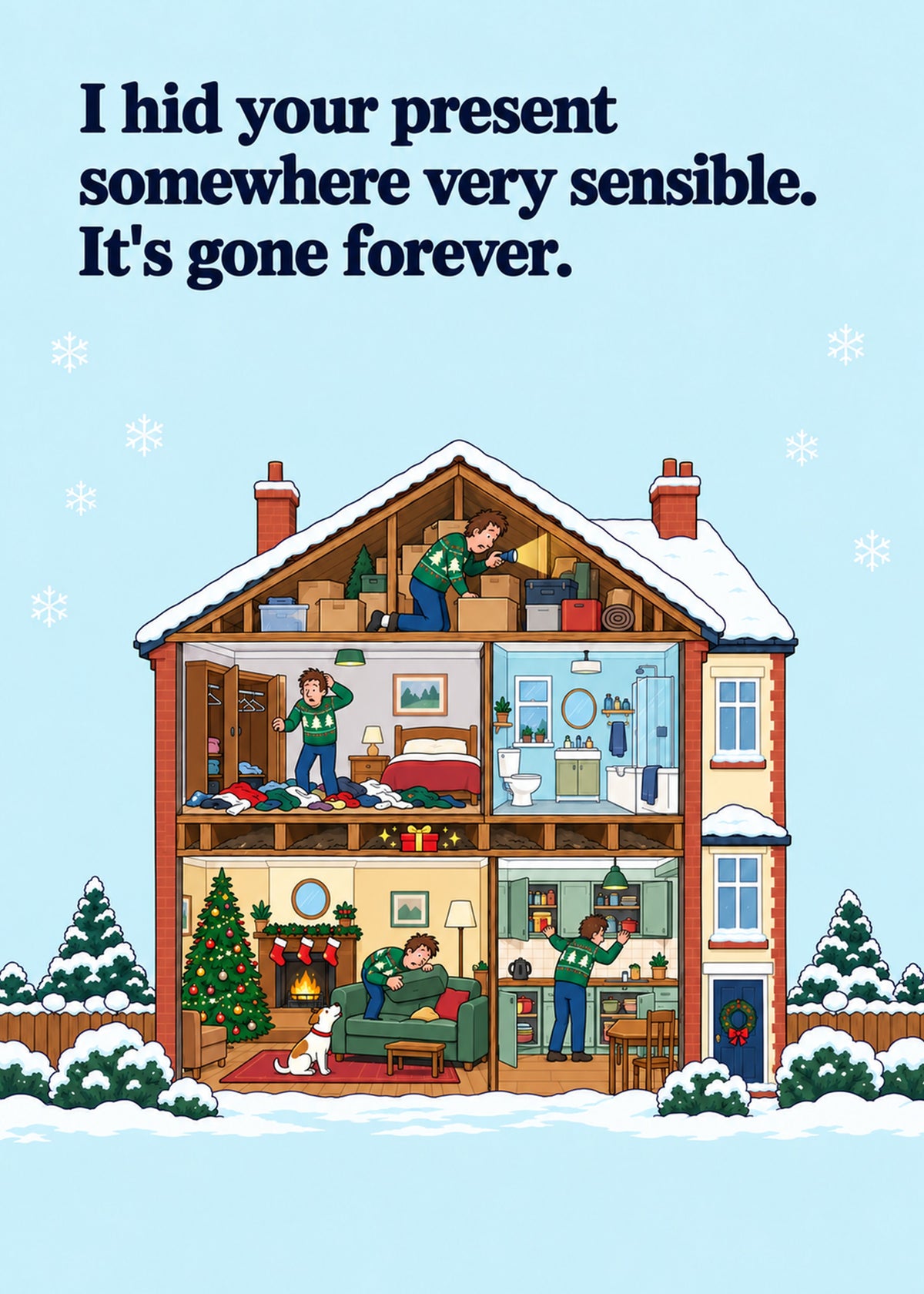 Funny Christmas card showing a cutaway snowy house with the same man frantically searching every room, by Gigglz