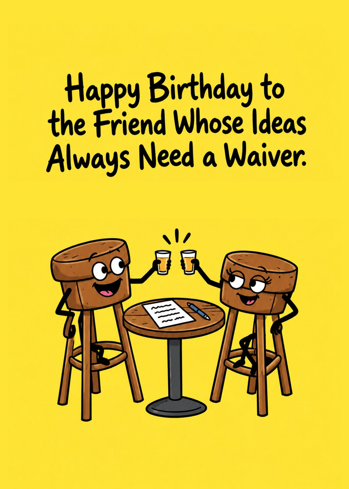 Funny birthday card showing two cartoon bar stools clinking pints over a pub table with a waiver form on a yellow, by Gigglz