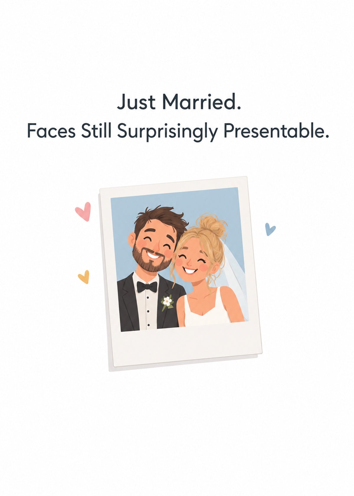 Funny wedding card showing a polaroid of a beaming bride and groom surrounded by little hearts on a white ground, by Gigglz