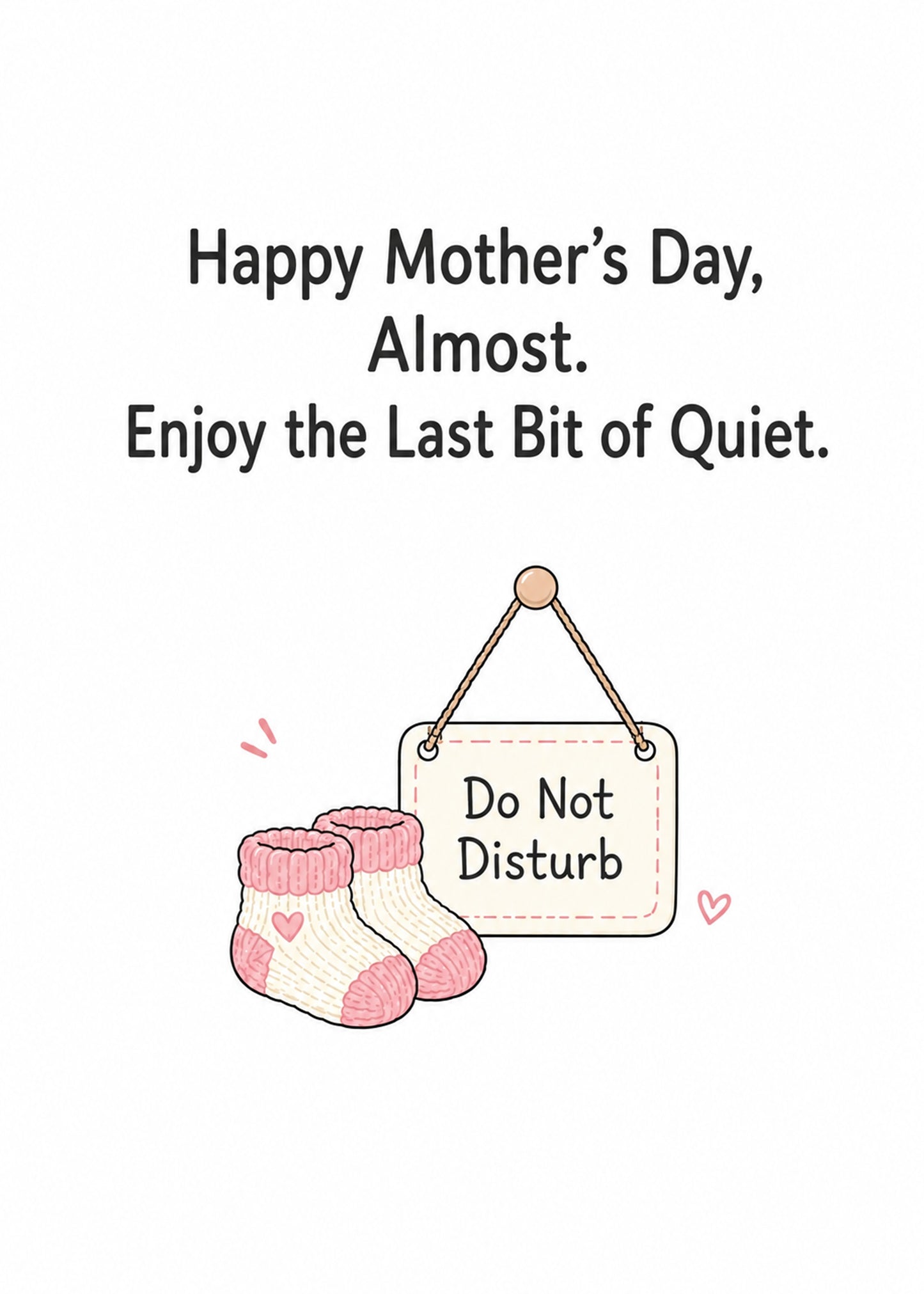 Funny Mother's Day card showing tiny knitted baby booties beside a hanging 'Do Not Disturb' sign, by Gigglz