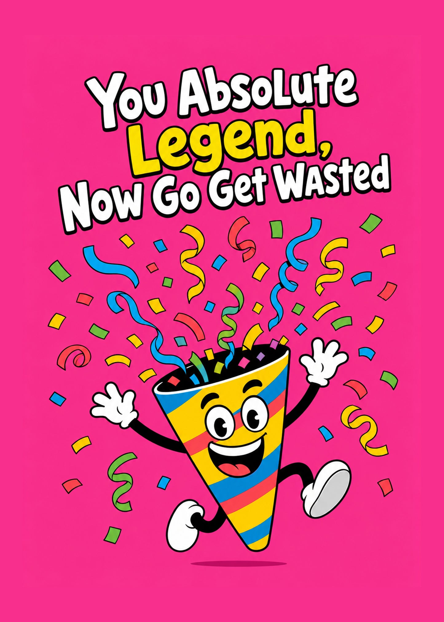 Funny congratulations card showing a grinning cartoon party-popper character bursting with confetti, by Gigglz
