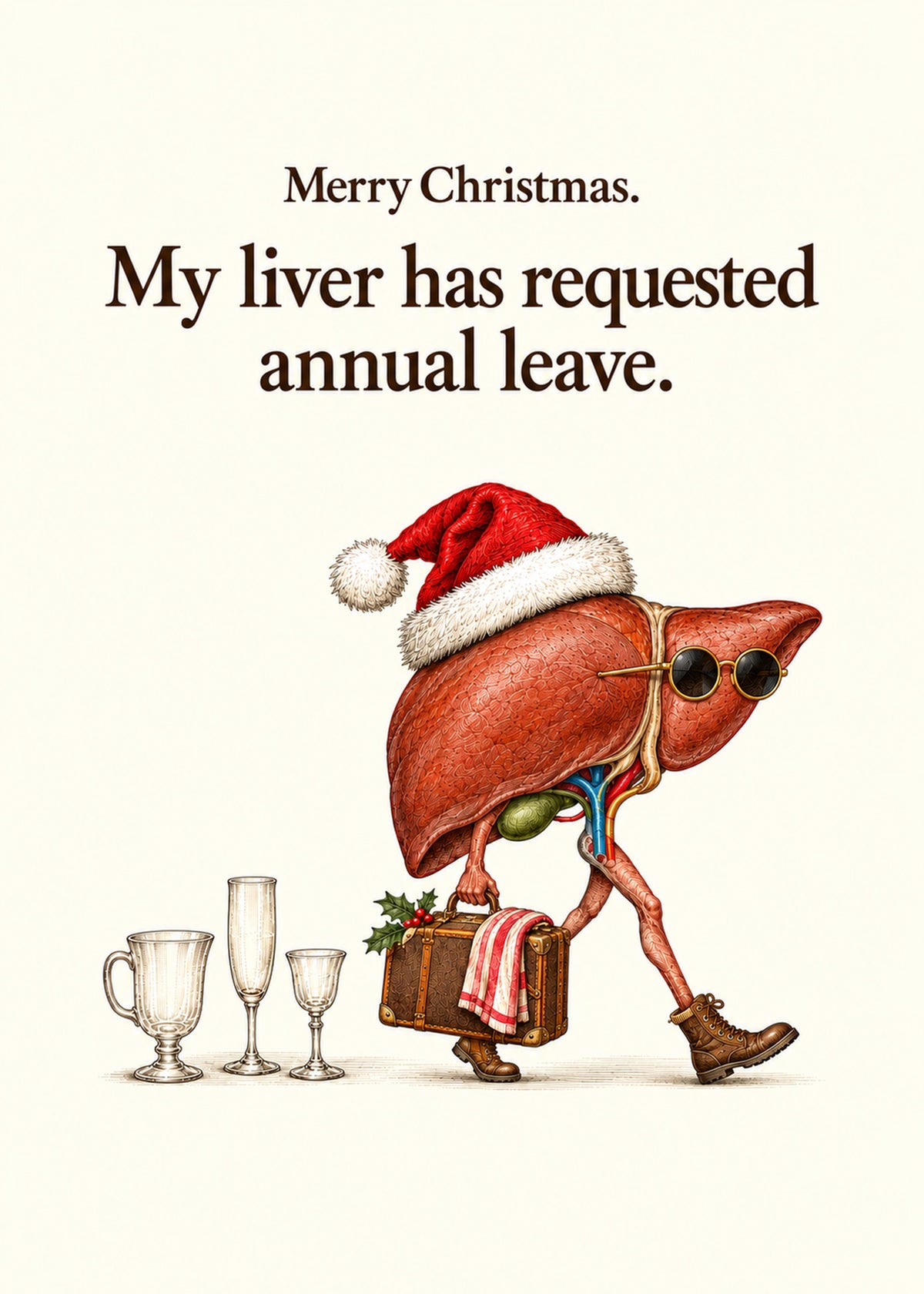 Funny Christmas card showing a vintage anatomical liver in a Santa hat and sunglasses walking off with a suitcase, by Gigglz