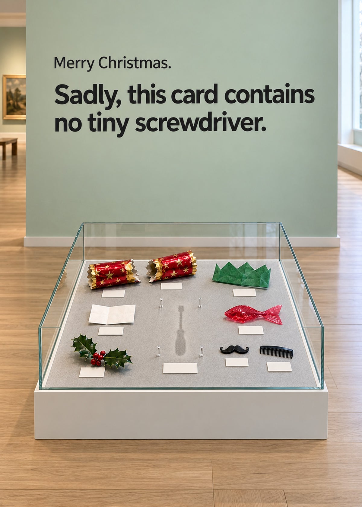 Funny Christmas card showing a photoreal museum display case exhibiting Christmas cracker contents: paper hat, by Gigglz