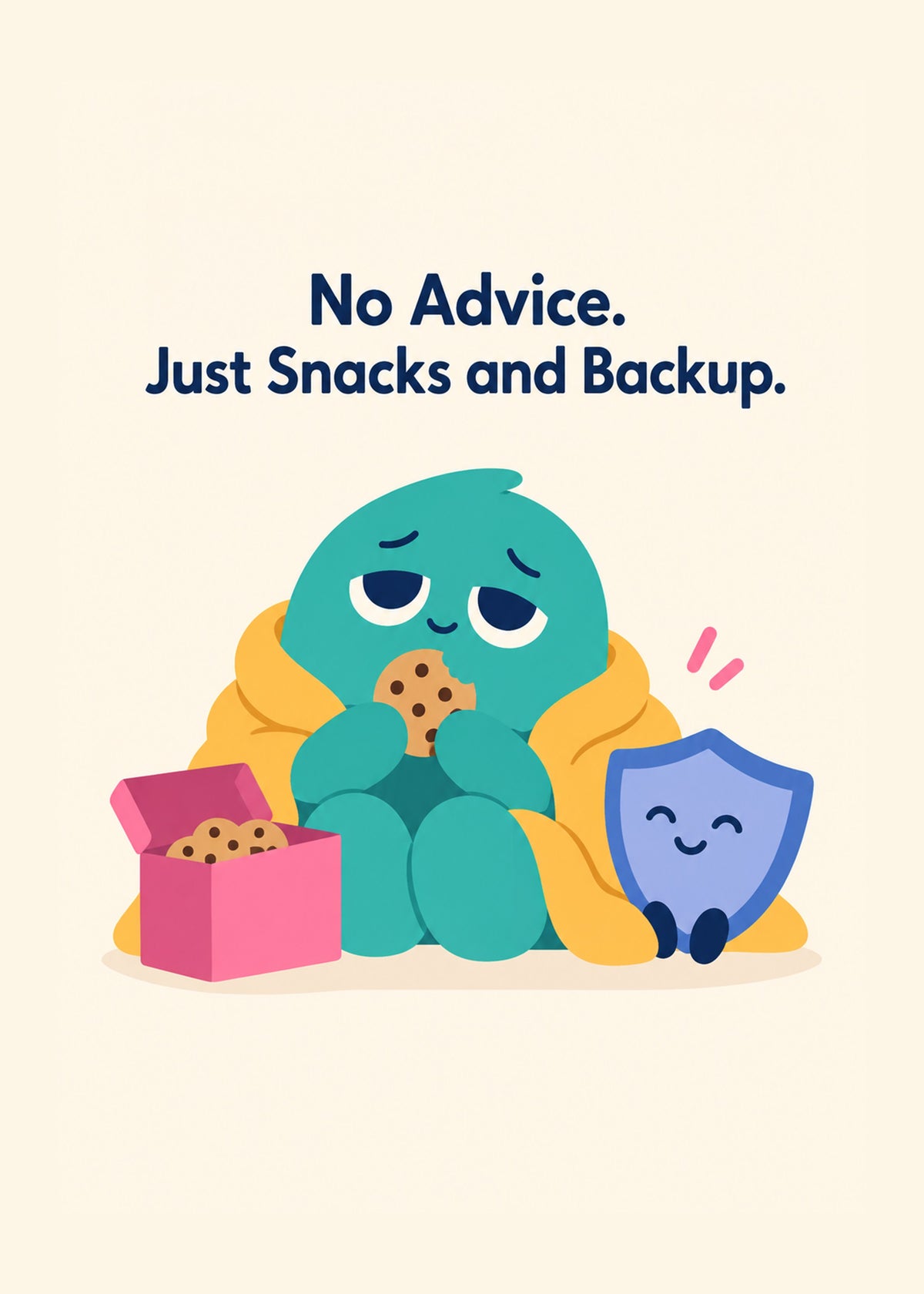 Cute thinking of you card showing a teal blob character wrapped in a blanket eating a biscuit beside a smiling, by Gigglz