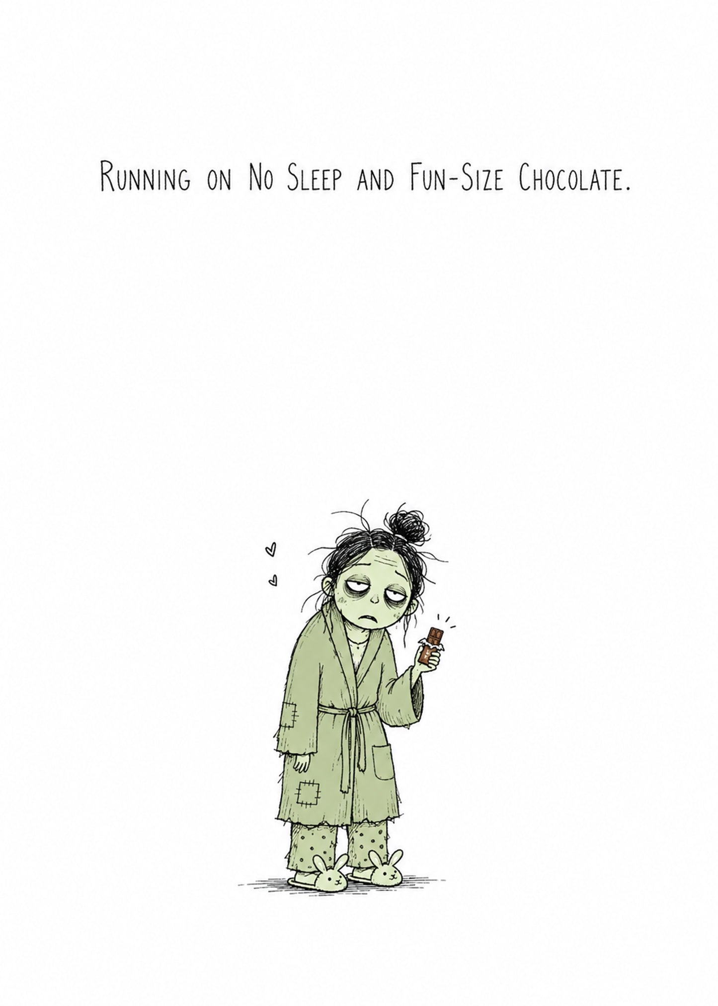 Funny Halloween card showing a hand-drawn exhausted woman in a dressing gown clutching a chocolate bar, by Gigglz