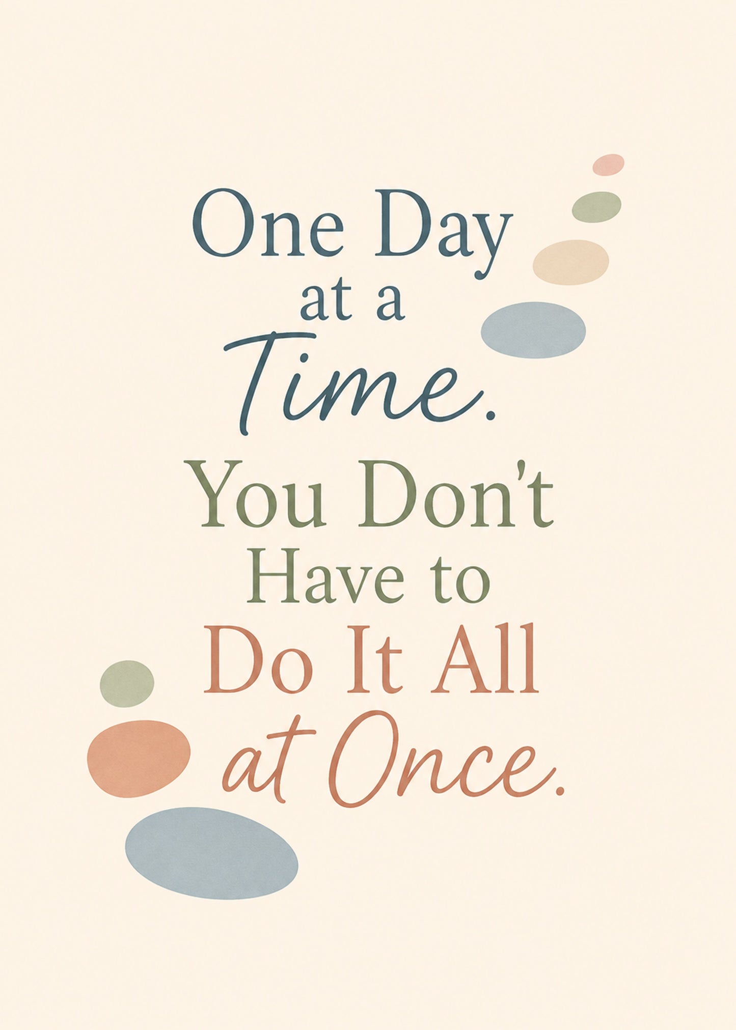 Heartfelt thinking of you card showing stepping stones on a soft cream ground, with One Day at a Time text, by Gigglz