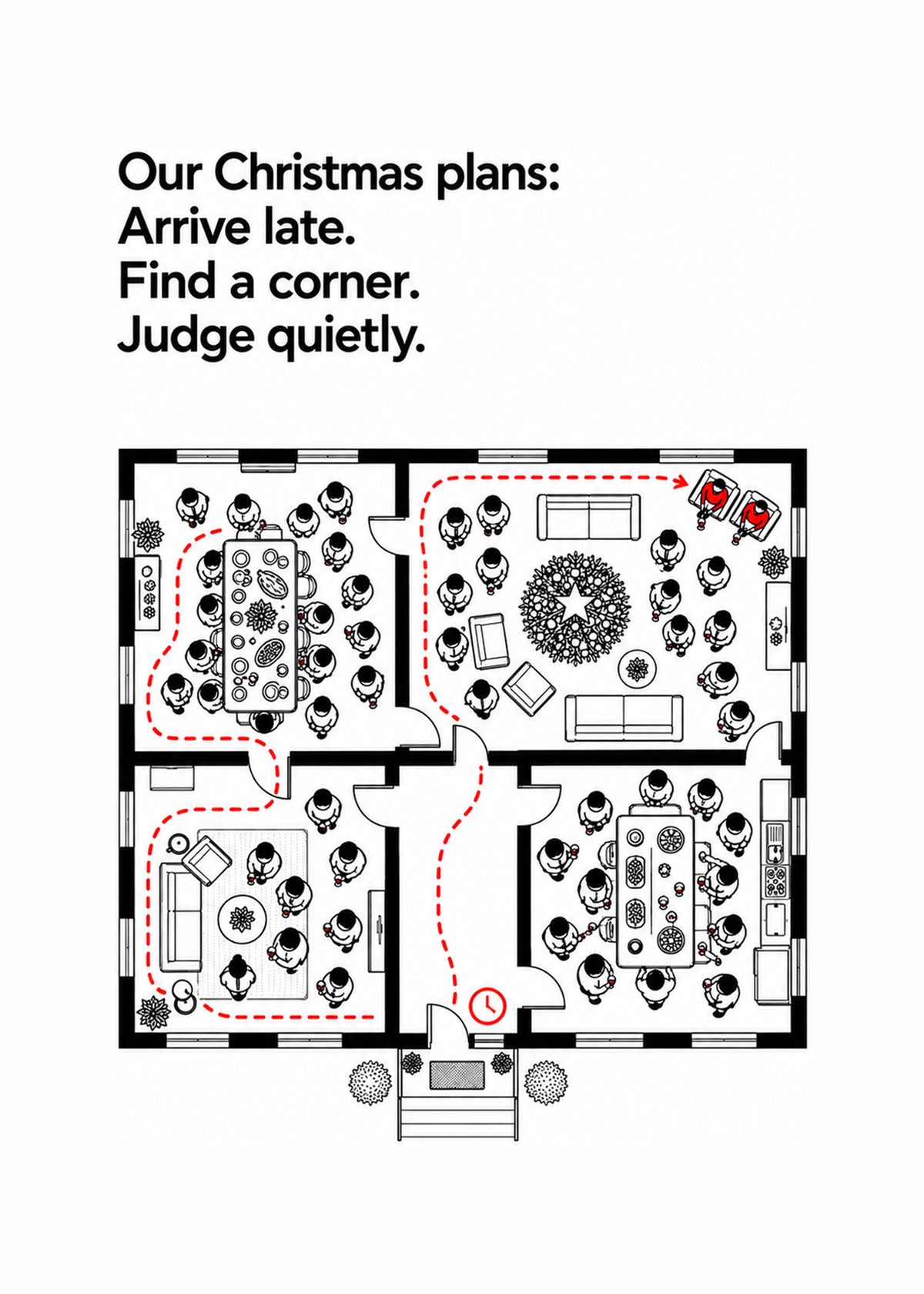 Funny Christmas card showing an architect's floor plan of a packed family Christmas party with a dotted red escape, by Gigglz