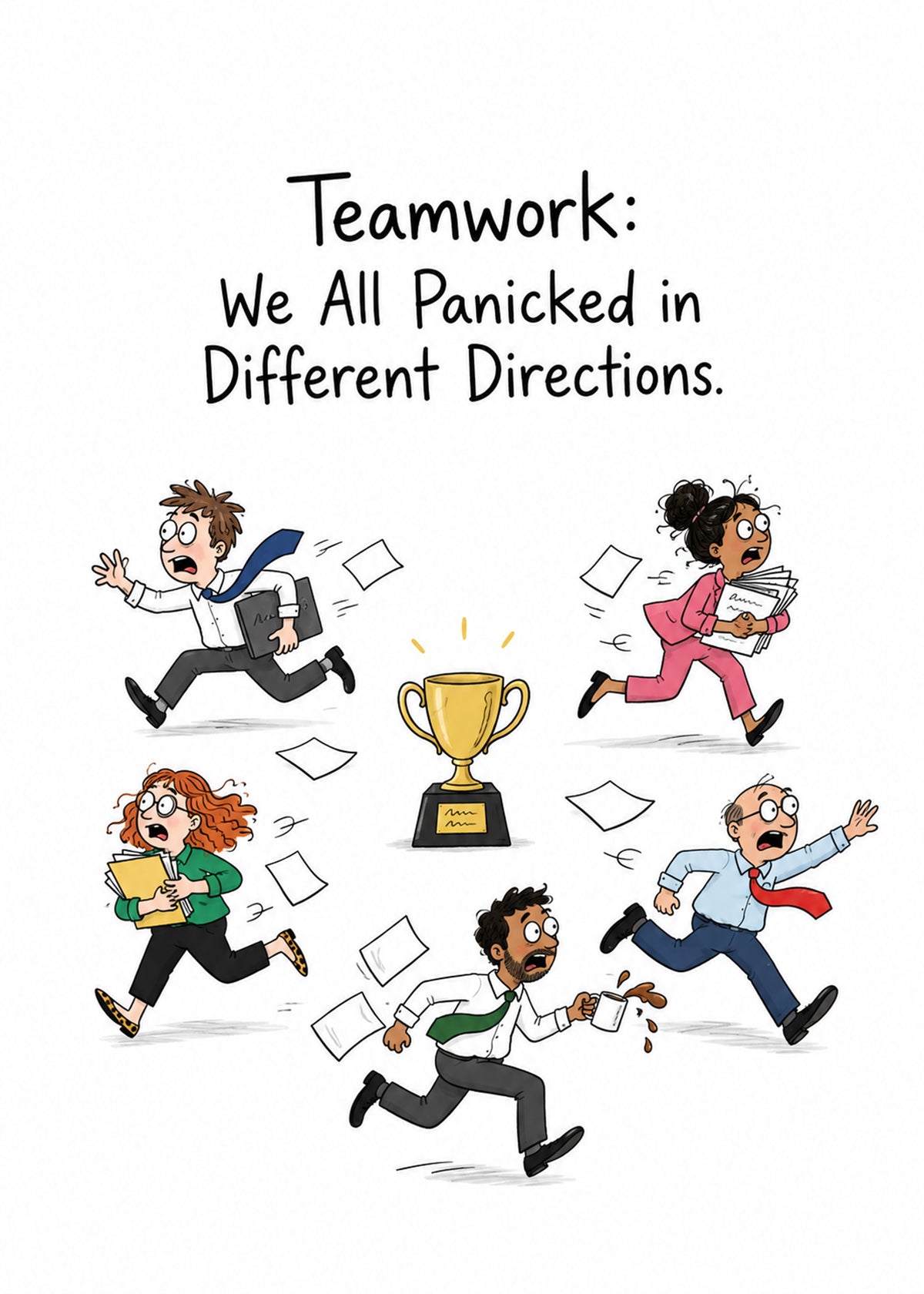 Funny congratulations card showing five office workers sprinting away from a trophy in every direction, scattering, by Gigglz
