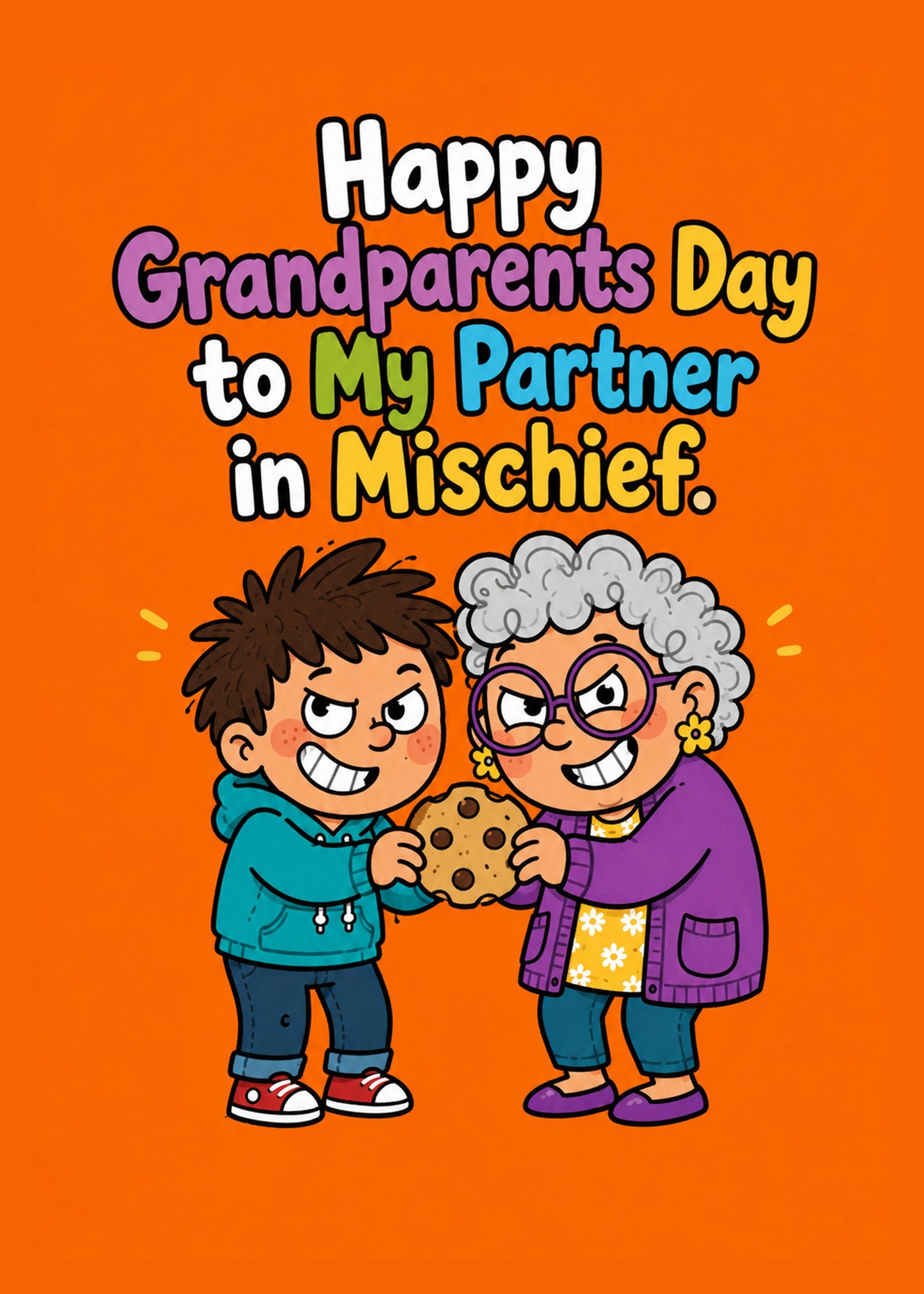 Funny Grandparents Day card showing a cartoon grandson and grandma grinning as they share a stolen biscuit, by Gigglz