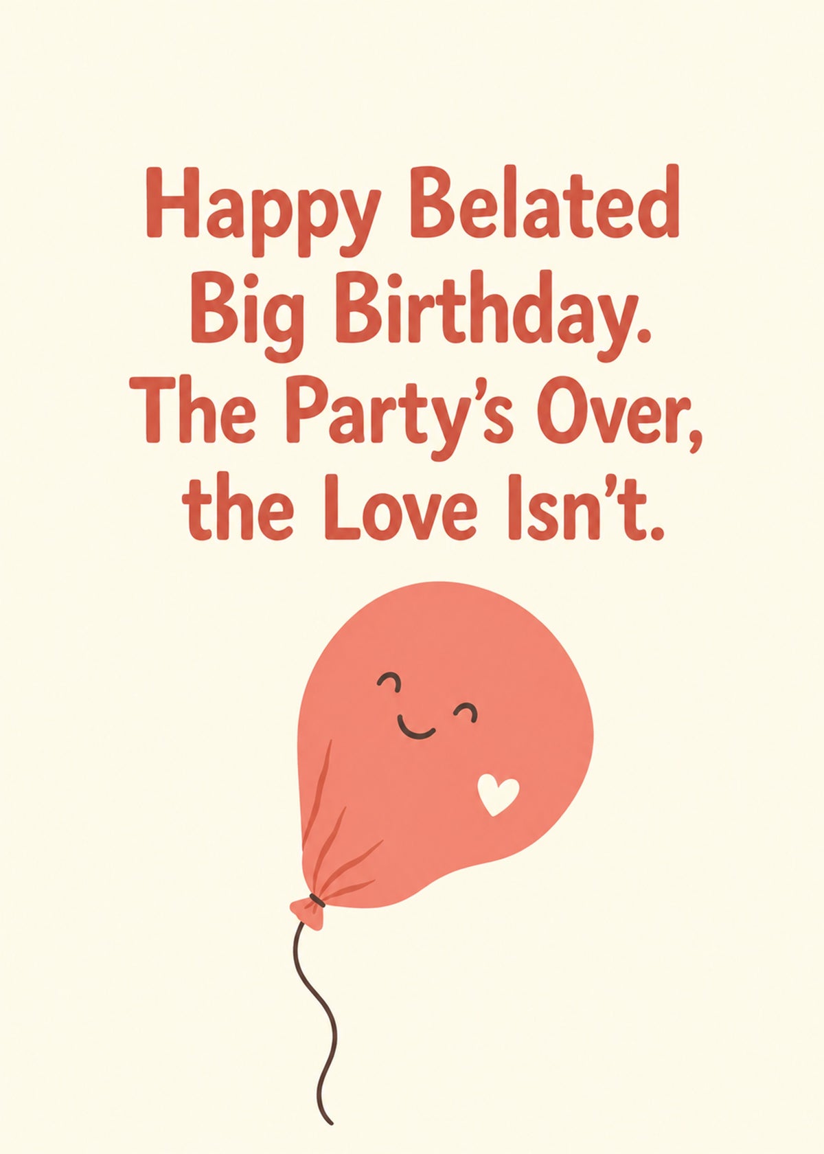 Cute birthday card showing a soft deflating balloon with a little heart, with The Party's Over text, by Gigglz