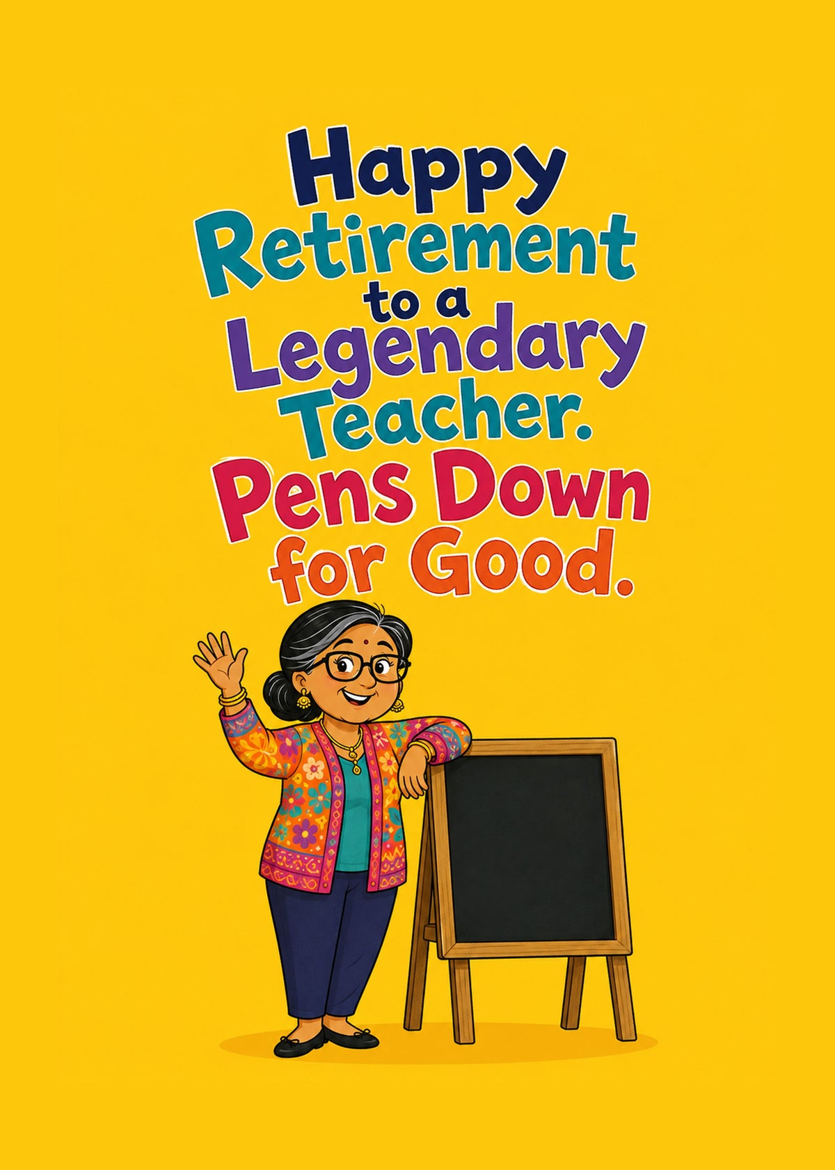 Funny retirement or leaving card showing a cheerful teacher waving beside a chalkboard, by Gigglz