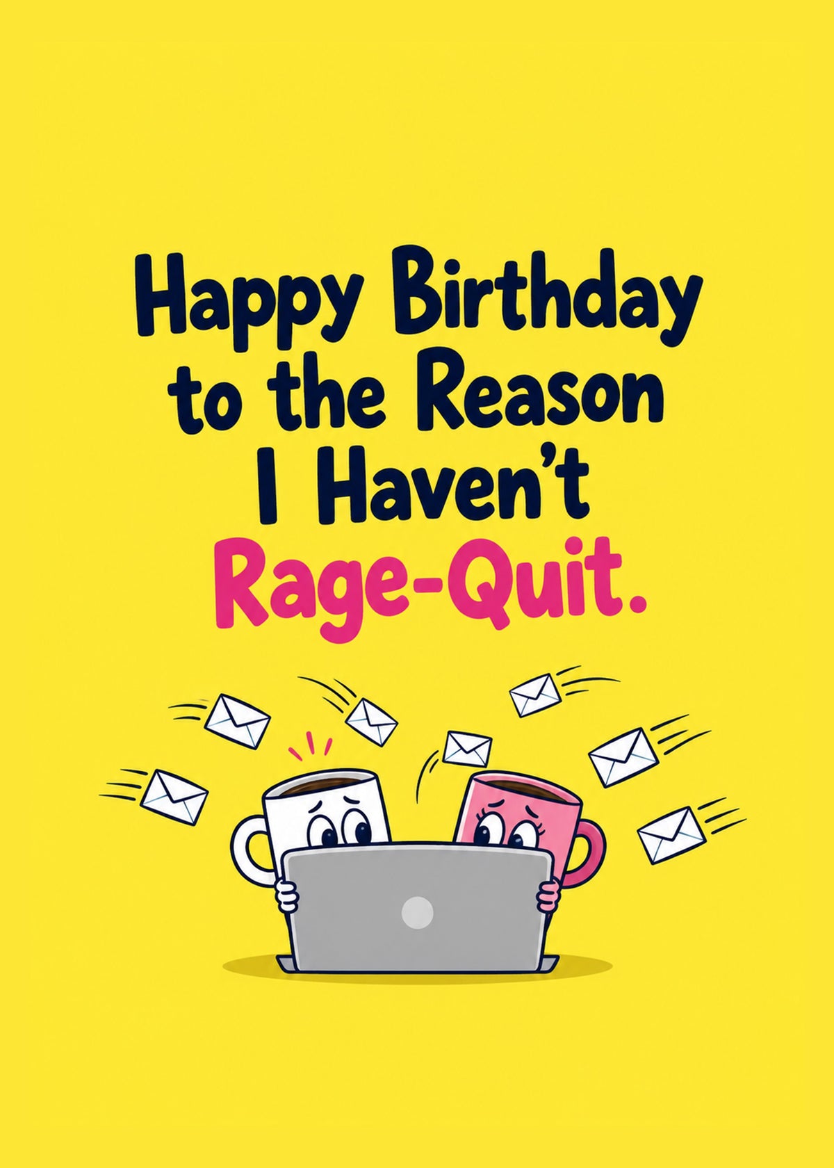 Funny birthday card showing bold navy and pink lettering above two stressed cartoon mugs sheltering behind, by Gigglz