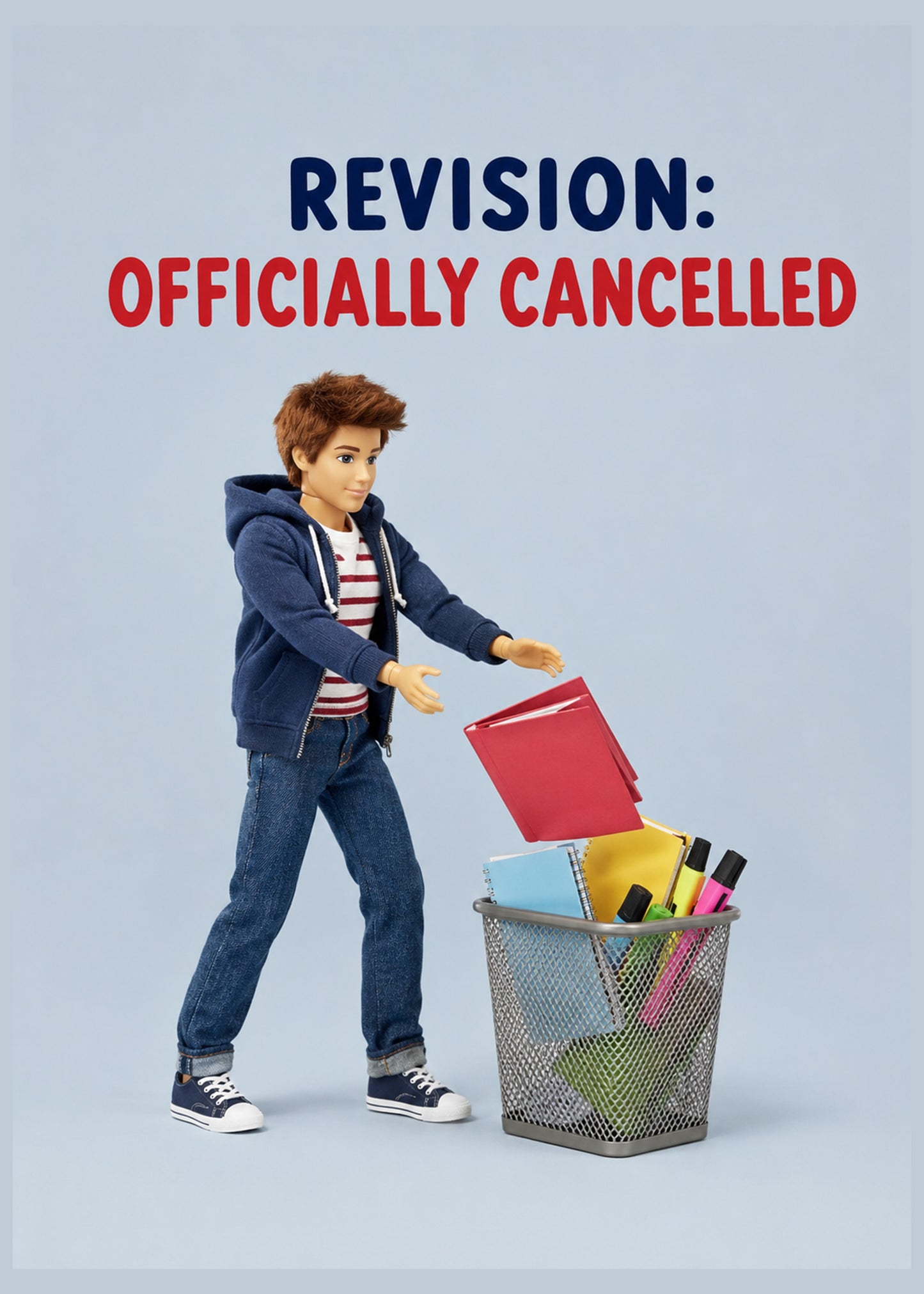 Funny congratulations card showing a posed figure cheerfully dumping revision folders and highlighters into a bin, by Gigglz