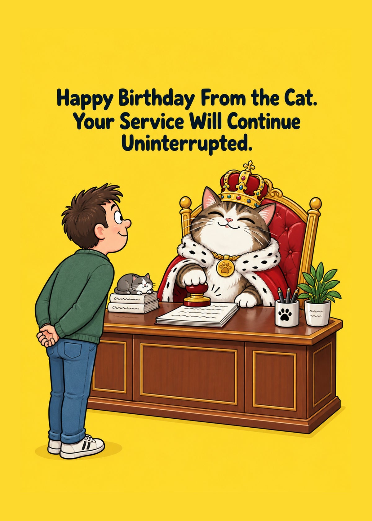 Funny birthday card showing a crowned cat in royal robes stamping a decree at a grand desk while its owner stands, by Gigglz