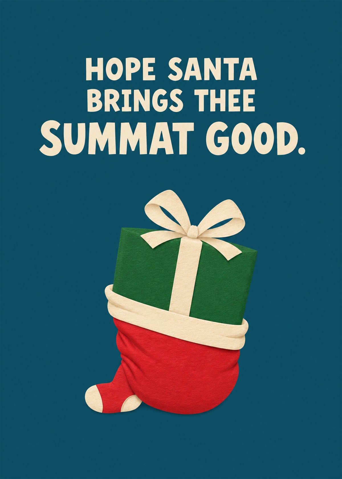 Cute Christmas card showing a felt-style red Christmas stocking stuffed with a green ribboned present on a teal, by Gigglz