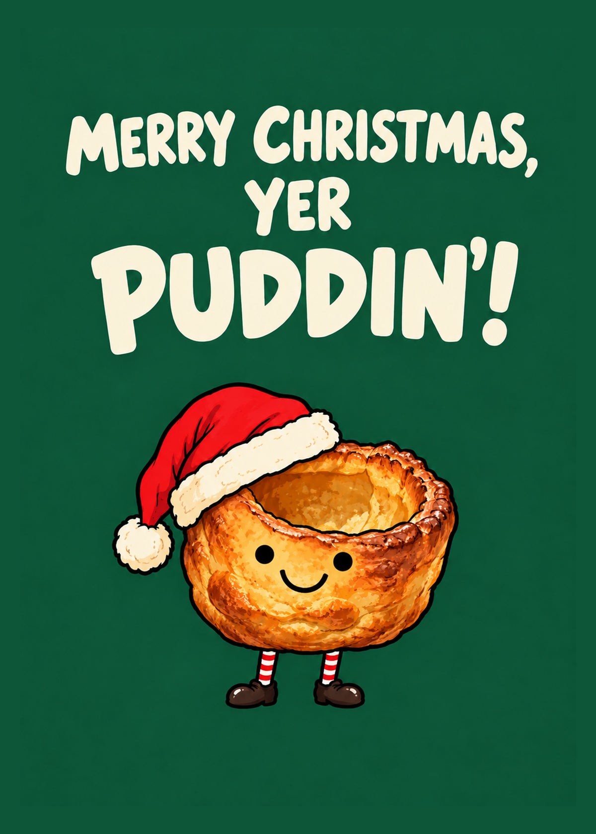 Funny Christmas card showing a smiling cartoon Yorkshire pudding in a Santa hat and stripy socks on a dark green, by Gigglz