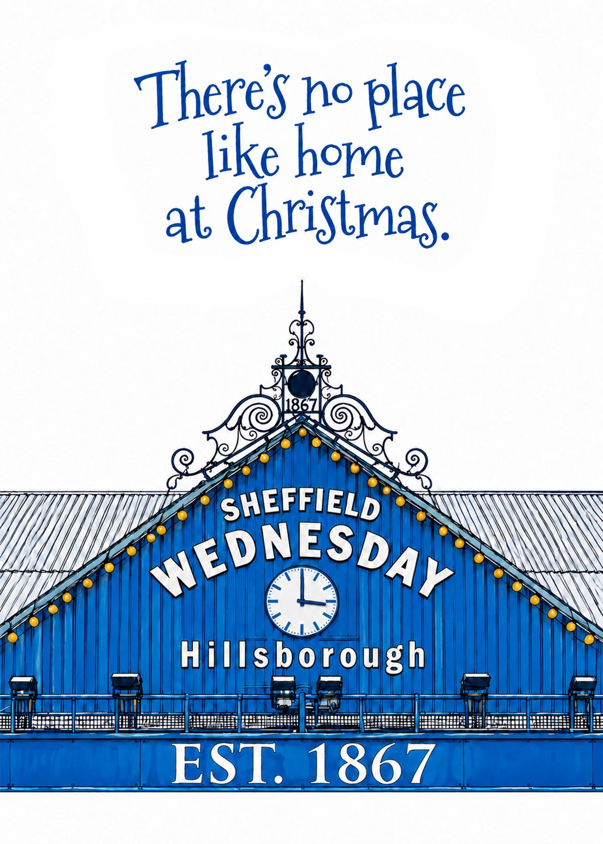 Heartwarming Christmas card showing a hand-drawn blue football stand gable with a clock and fairy lights, by Gigglz