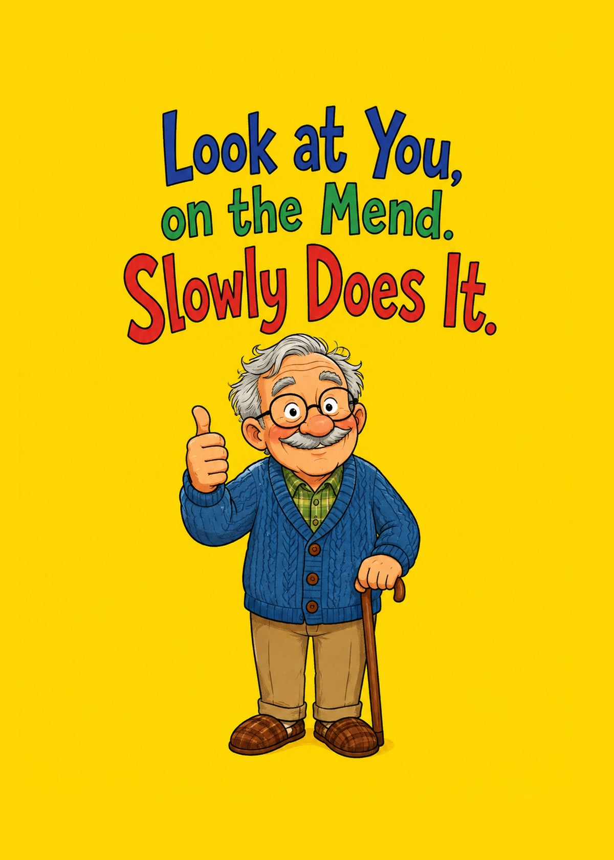 Funny get well card showing a recovering older man giving a thumbs up with a cane, with On the Mend text, by Gigglz