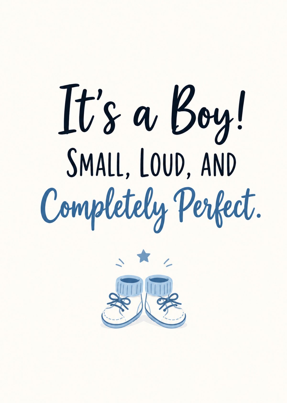 Cute new baby card showing a pair of blue baby booties with a star, with Small text, by Gigglz